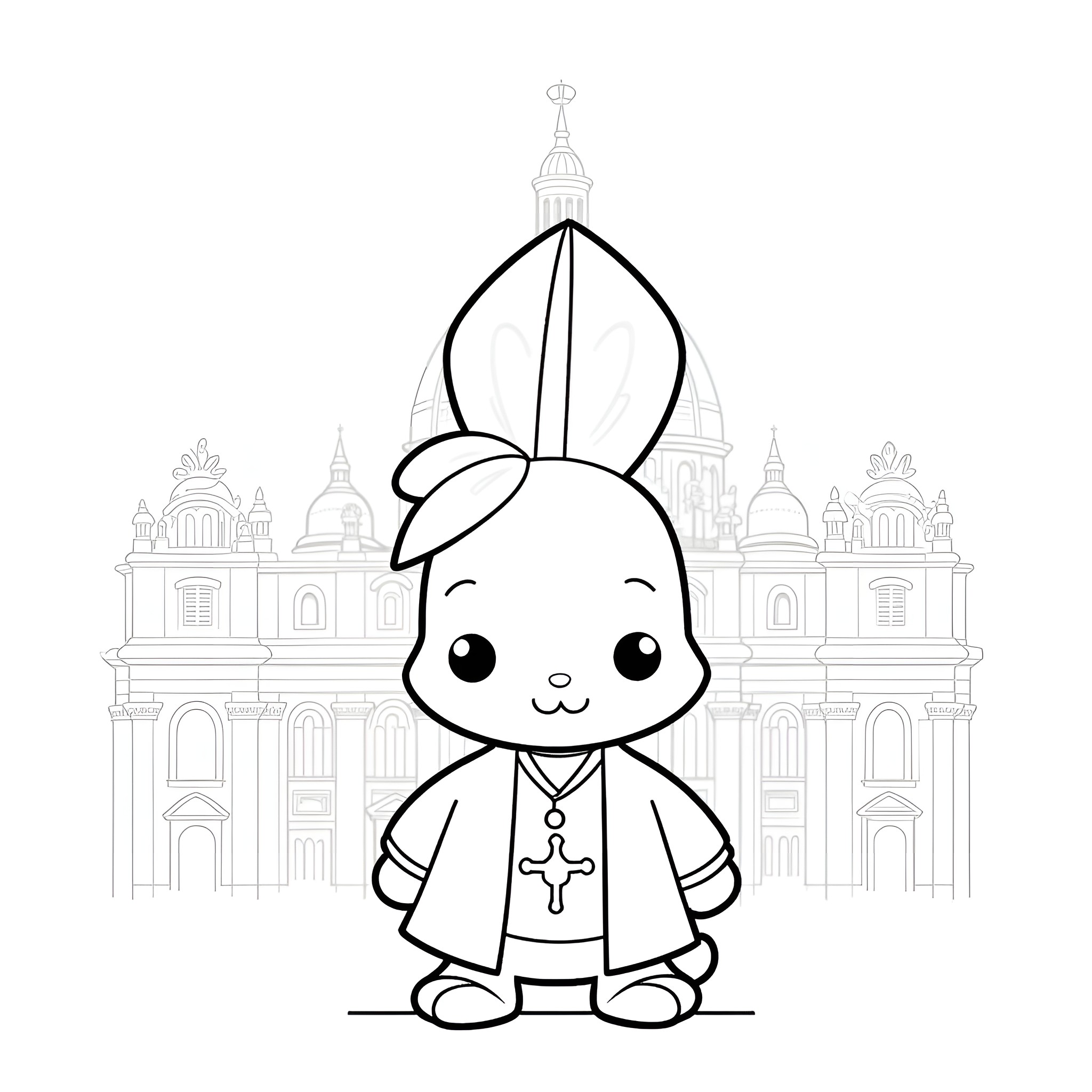 Popplio in a papal outfit in front of a cathedral Coloring Page (free black-and-white line drawing printable PDF for all, from beginners to advanced learners, including children, teens, adults, and seniors)