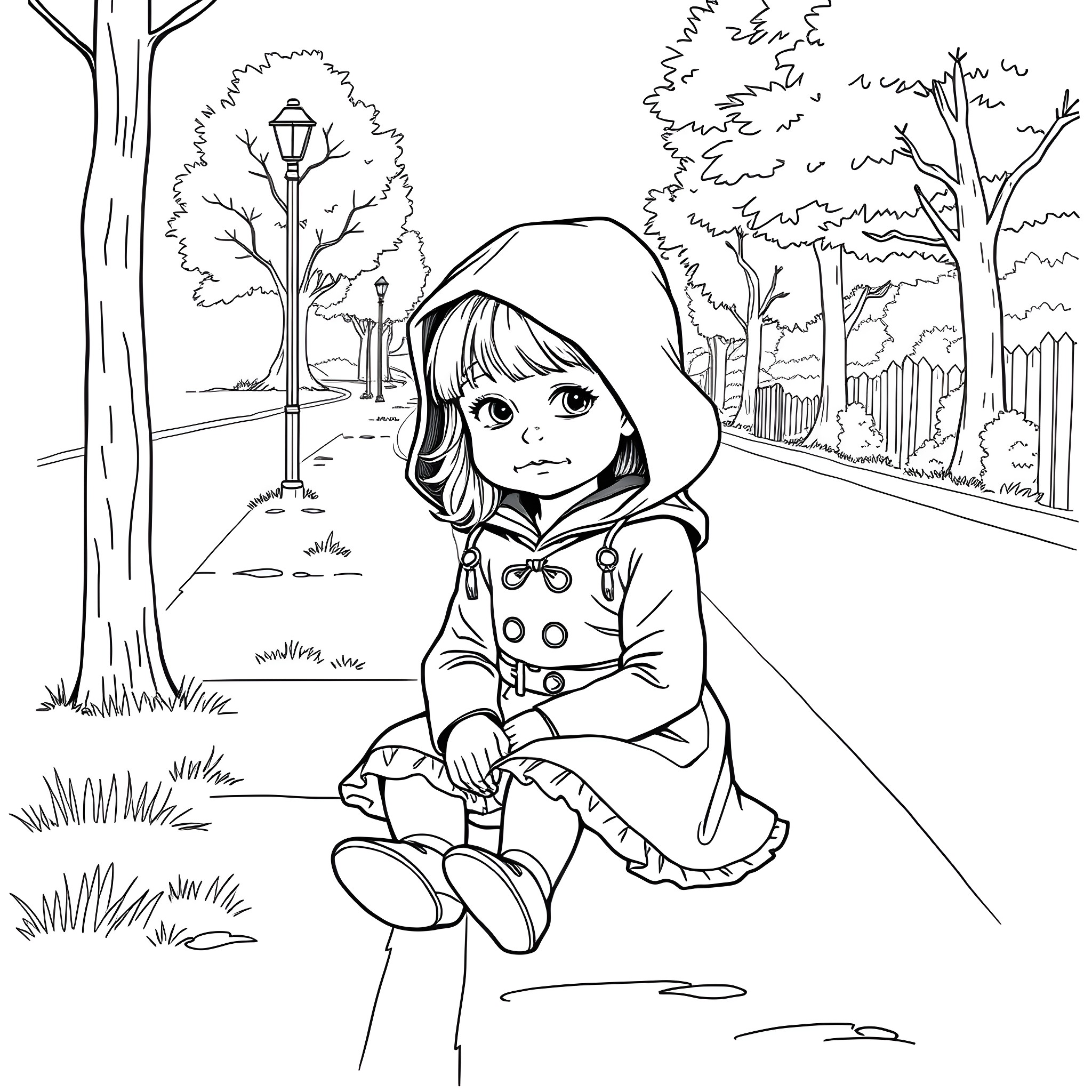 Girl in hooded coat exploring park Coloring Page (free black-and-white line drawing printable PDF for all, from beginners to advanced learners, including children, teens, adults, and seniors)