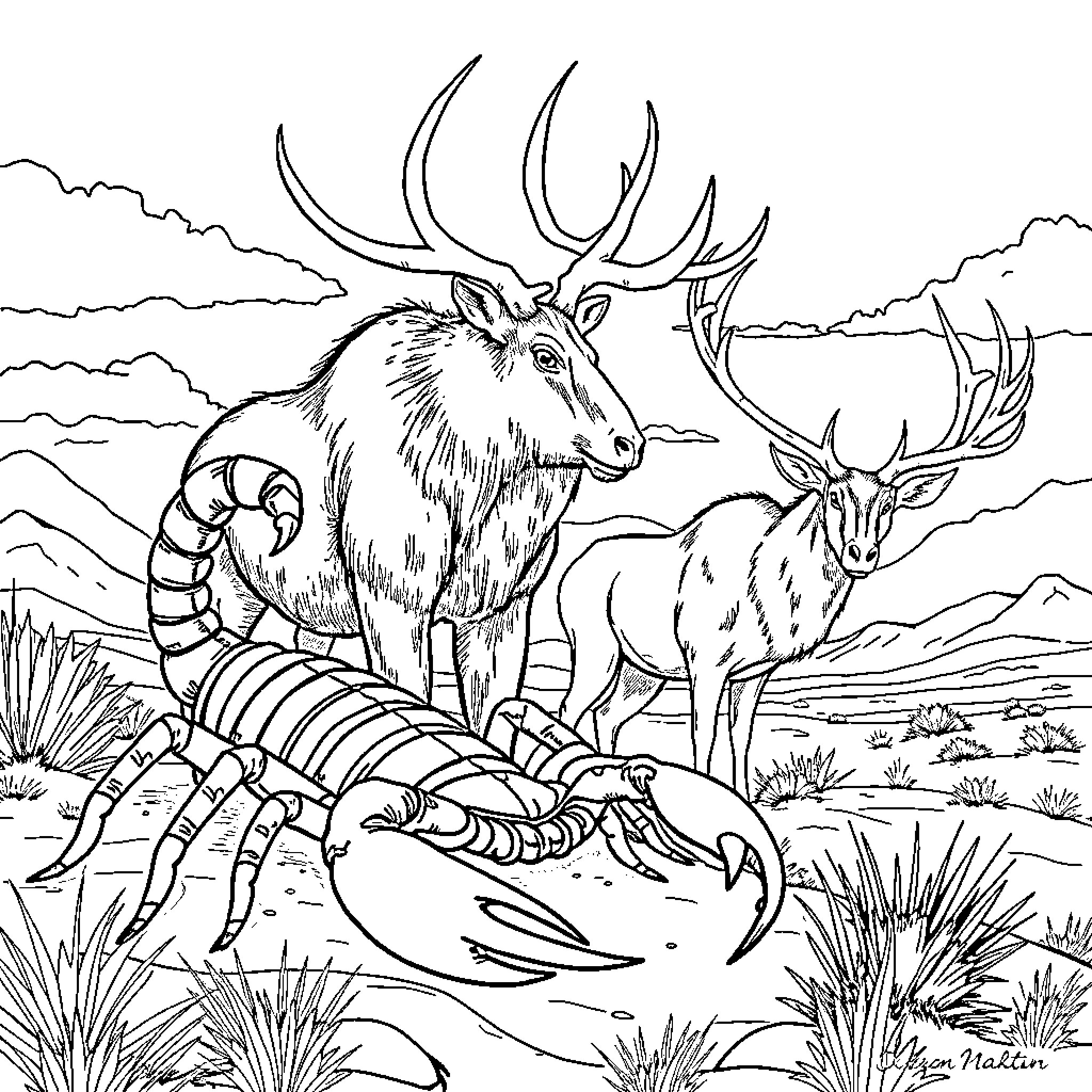 Scorpion coexists with majestic deer in nature's landscape Coloring Page (free black-and-white line drawing printable PDF for all, from beginners to advanced learners, including children, teens, adults, and seniors)