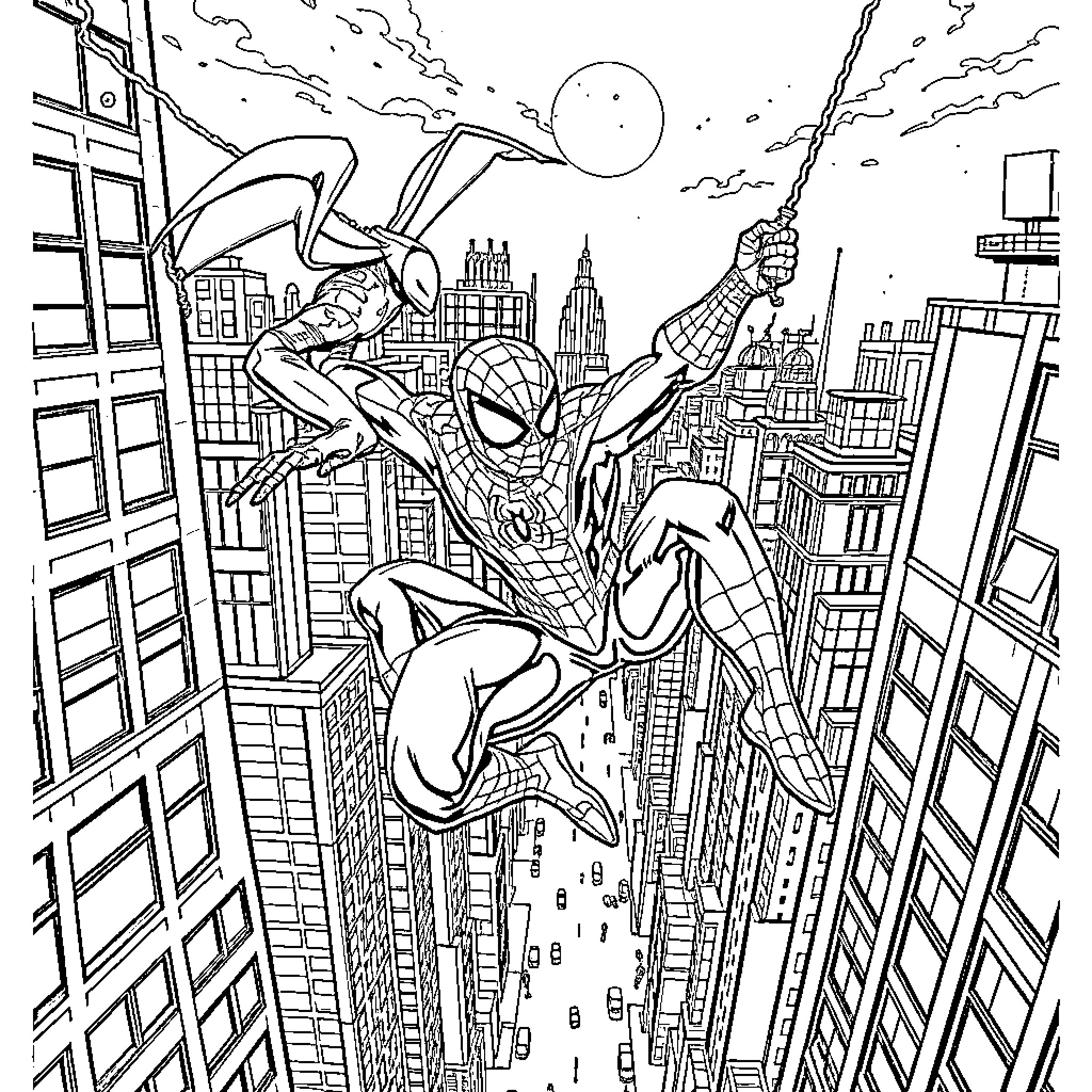 Spiderman swinging through the city skyline Coloring Page (free black-and-white line drawing printable PDF for all, from beginners to advanced learners, including children, teens, adults, and seniors)