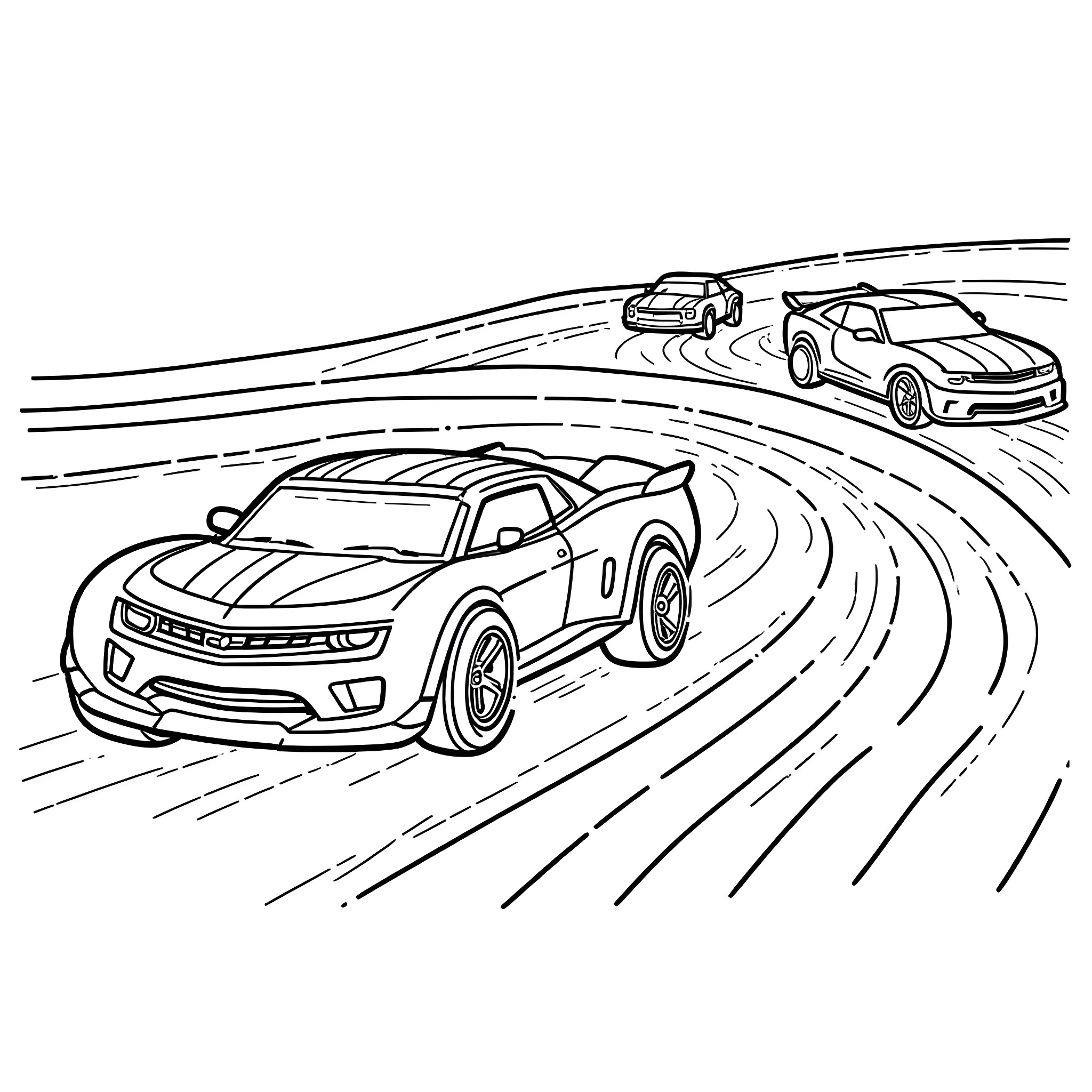 Hot Wheels racing cars on winding track Coloring Page (free black-and-white line drawing printable PDF for all, from beginners to advanced learners, including children, teens, adults, and seniors)