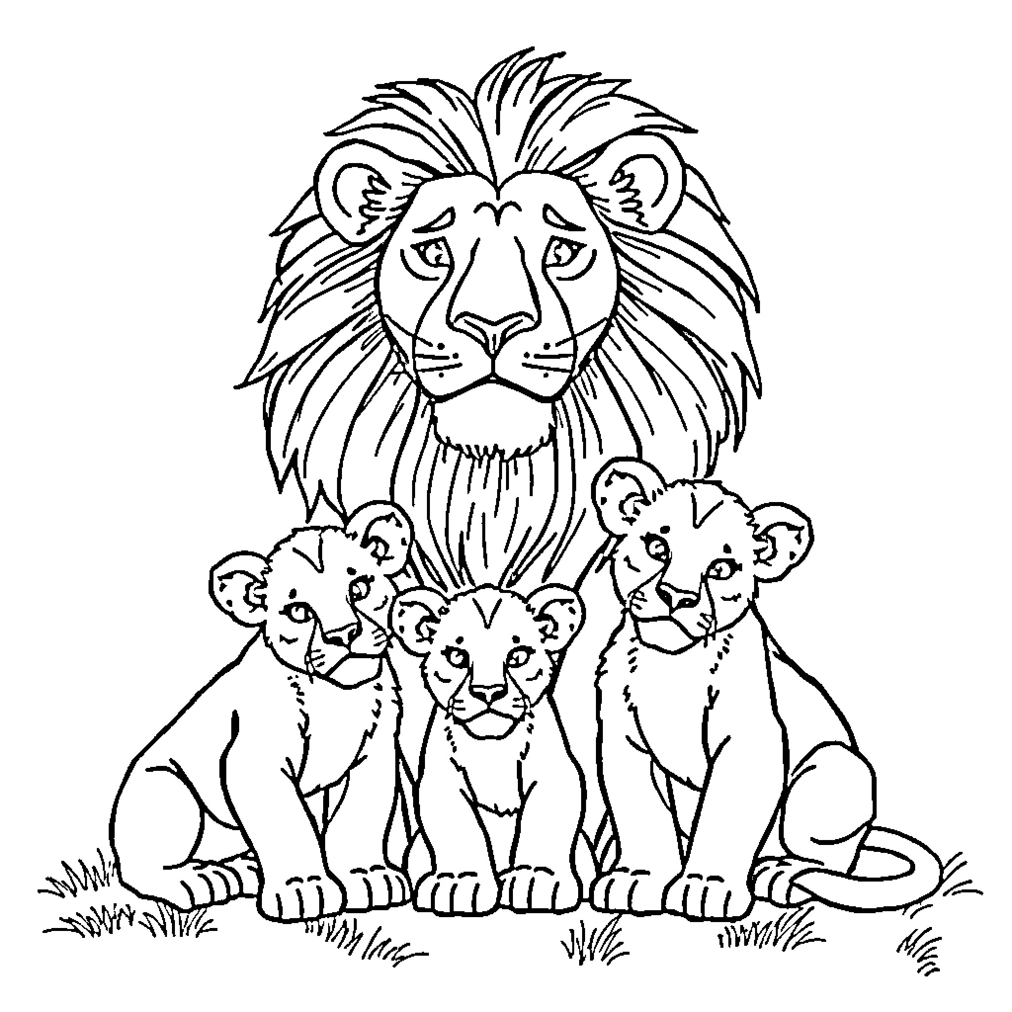 Lion with cubs in nature Coloring Page (free black-and-white line drawing printable PDF for all, from beginners to advanced learners, including children, teens, adults, and seniors)
