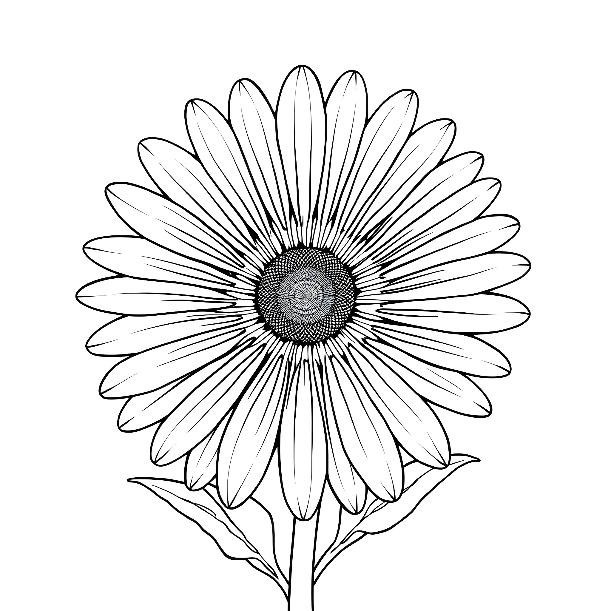 Daisy flower in simple outline Coloring Page (free black-and-white line drawing printable PDF for all, from beginners to advanced learners, including children, teens, adults, and seniors)