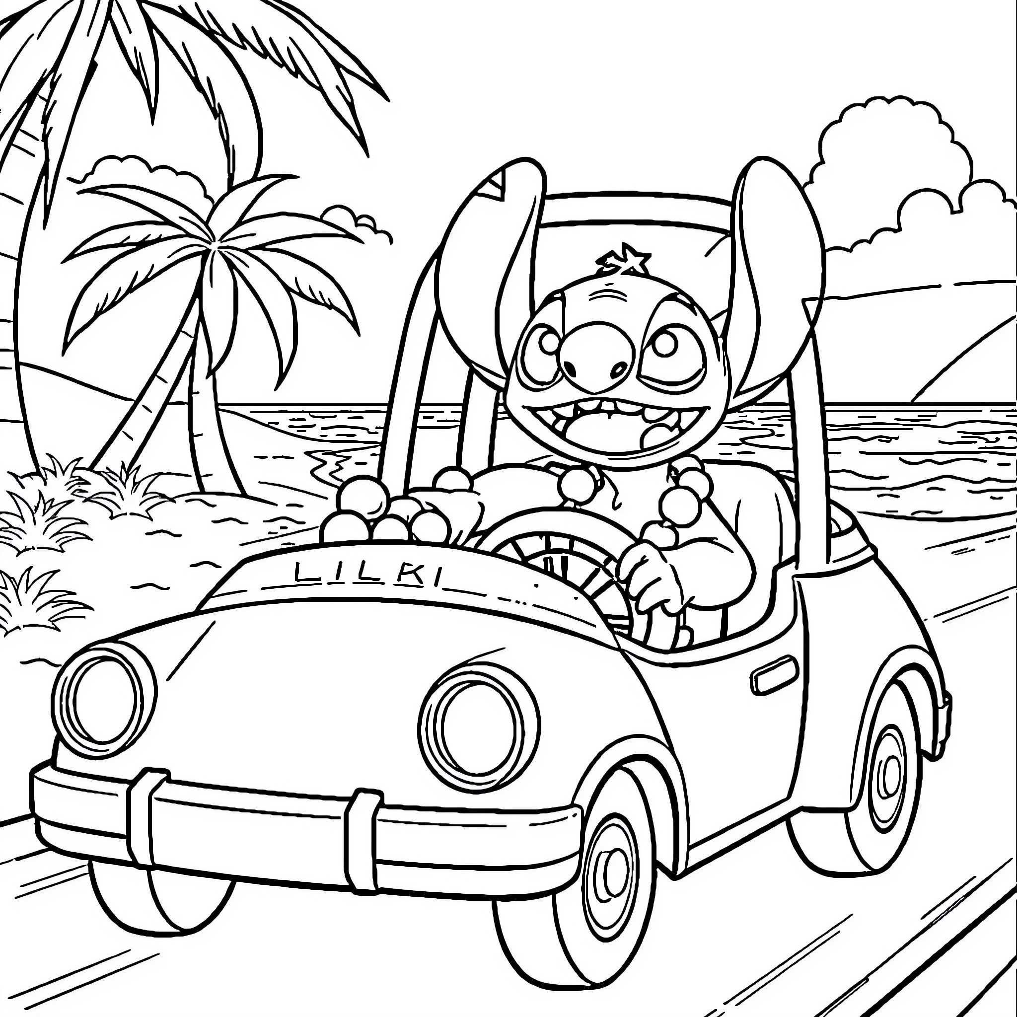 Lilo And Stitch explore the tropical paradise in a vintage car Coloring Page (free black-and-white line drawing printable PDF for all, from beginners to advanced learners, including children, teens, adults, and seniors)