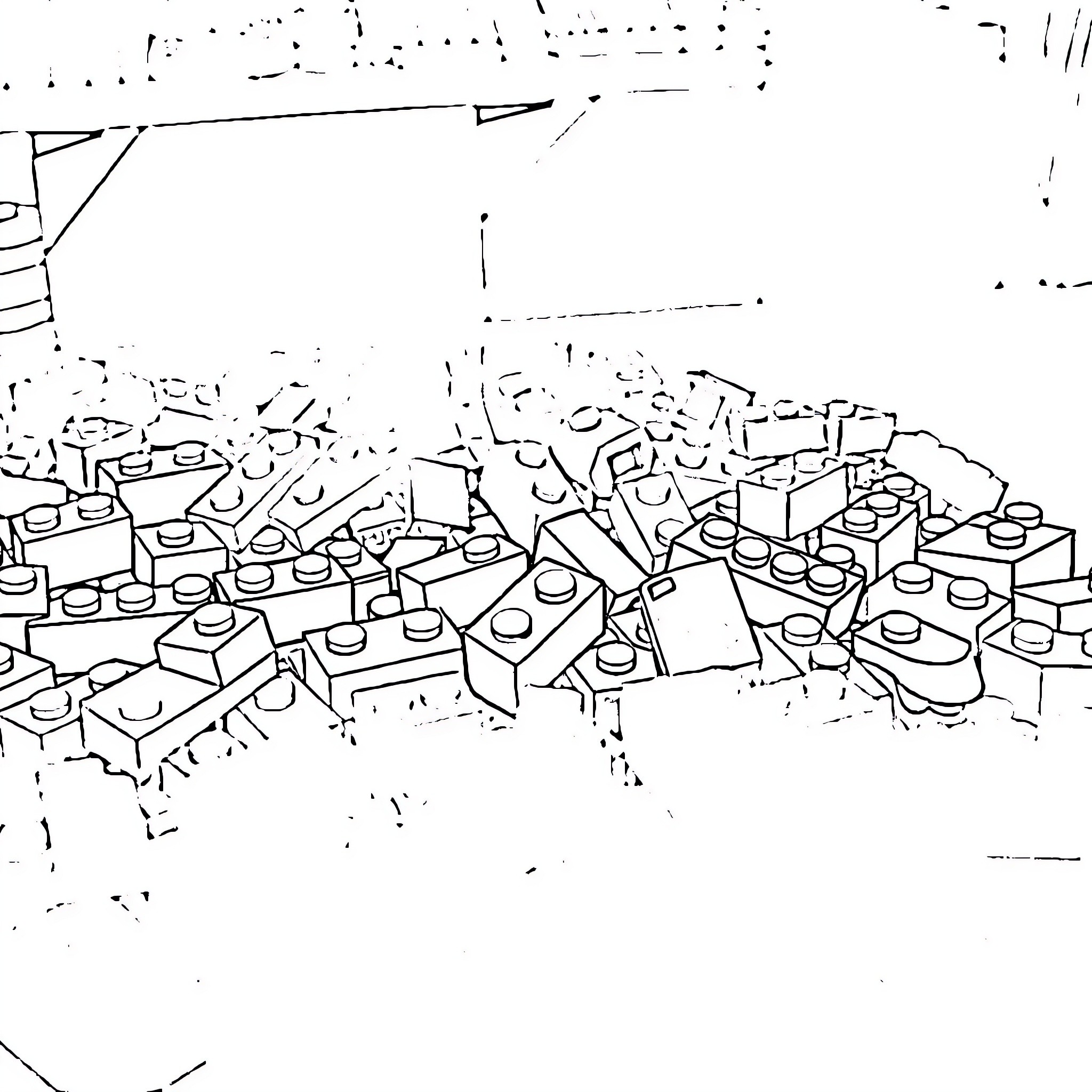 Lego figures in a chaotic scene Coloring Page (free black-and-white line drawing printable PDF for all, from beginners to advanced learners, including children, teens, adults, and seniors)