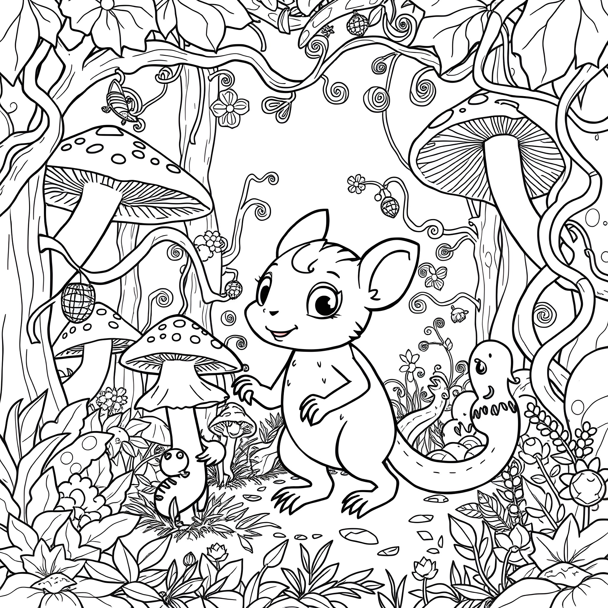Labubu explores the whimsical forest Coloring Page (free black-and-white line drawing printable PDF for all, from beginners to advanced learners, including children, teens, adults, and seniors)