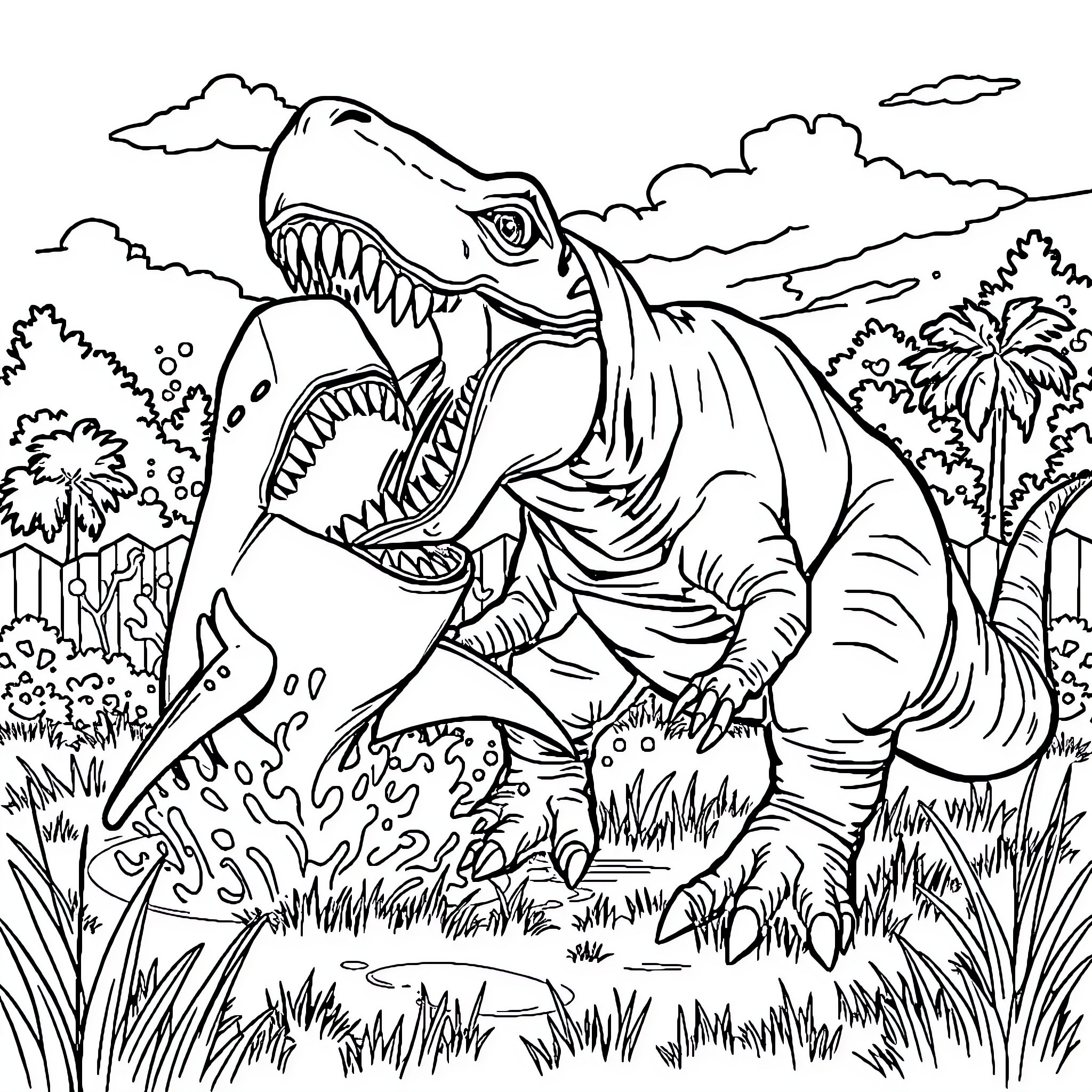 Shark attacking ferociously in the wild landscape Coloring Page (free black-and-white line drawing printable PDF for all, from beginners to advanced learners, including children, teens, adults, and seniors)