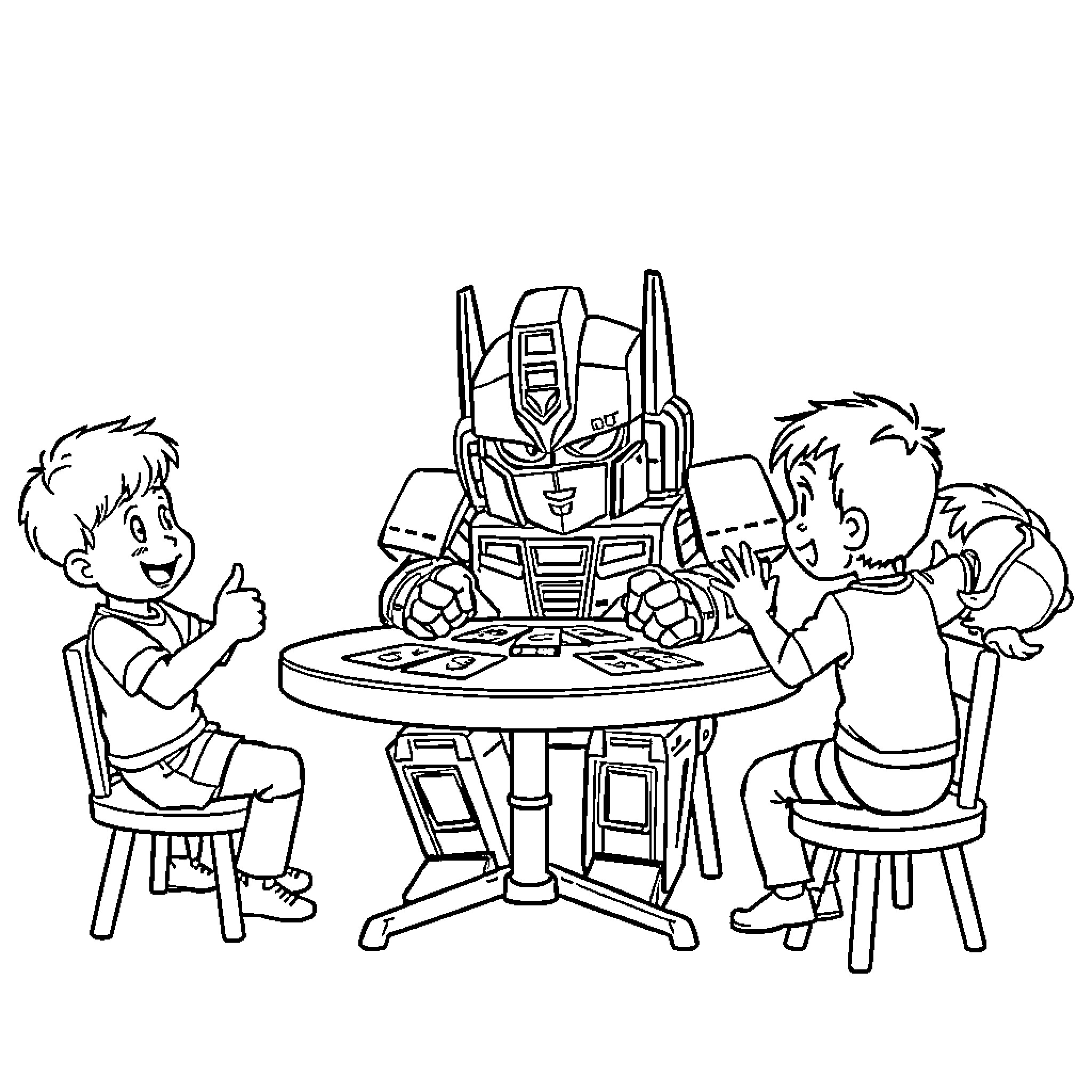 Transformer engaging with children in playful activity Coloring Page (free black-and-white line drawing printable PDF for all, from beginners to advanced learners, including children, teens, adults, and seniors)