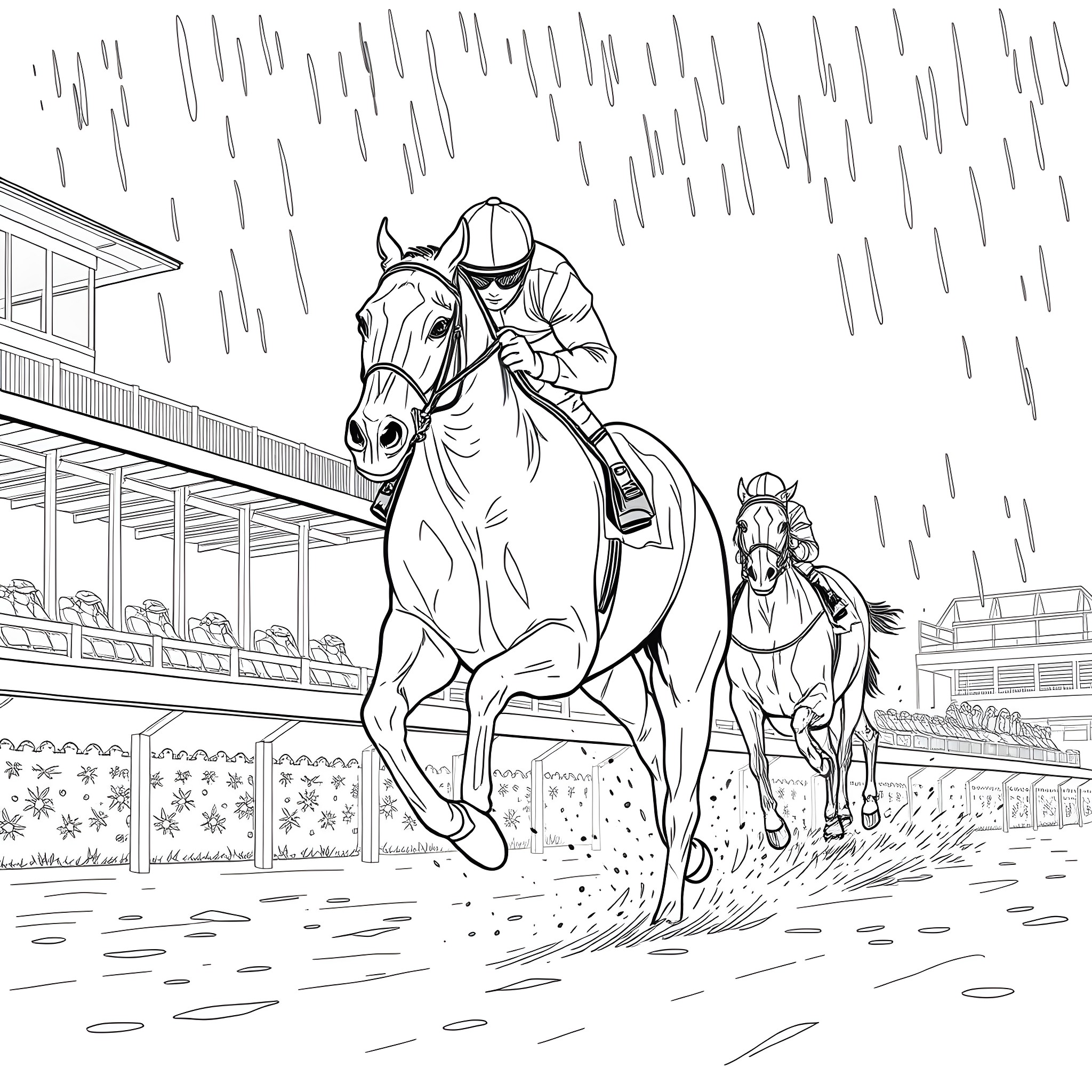 Racehorse Jockeys Competing in the Rain Coloring Page (free black-and-white line drawing printable PDF for all, from beginners to advanced learners, including children, teens, adults, and seniors)