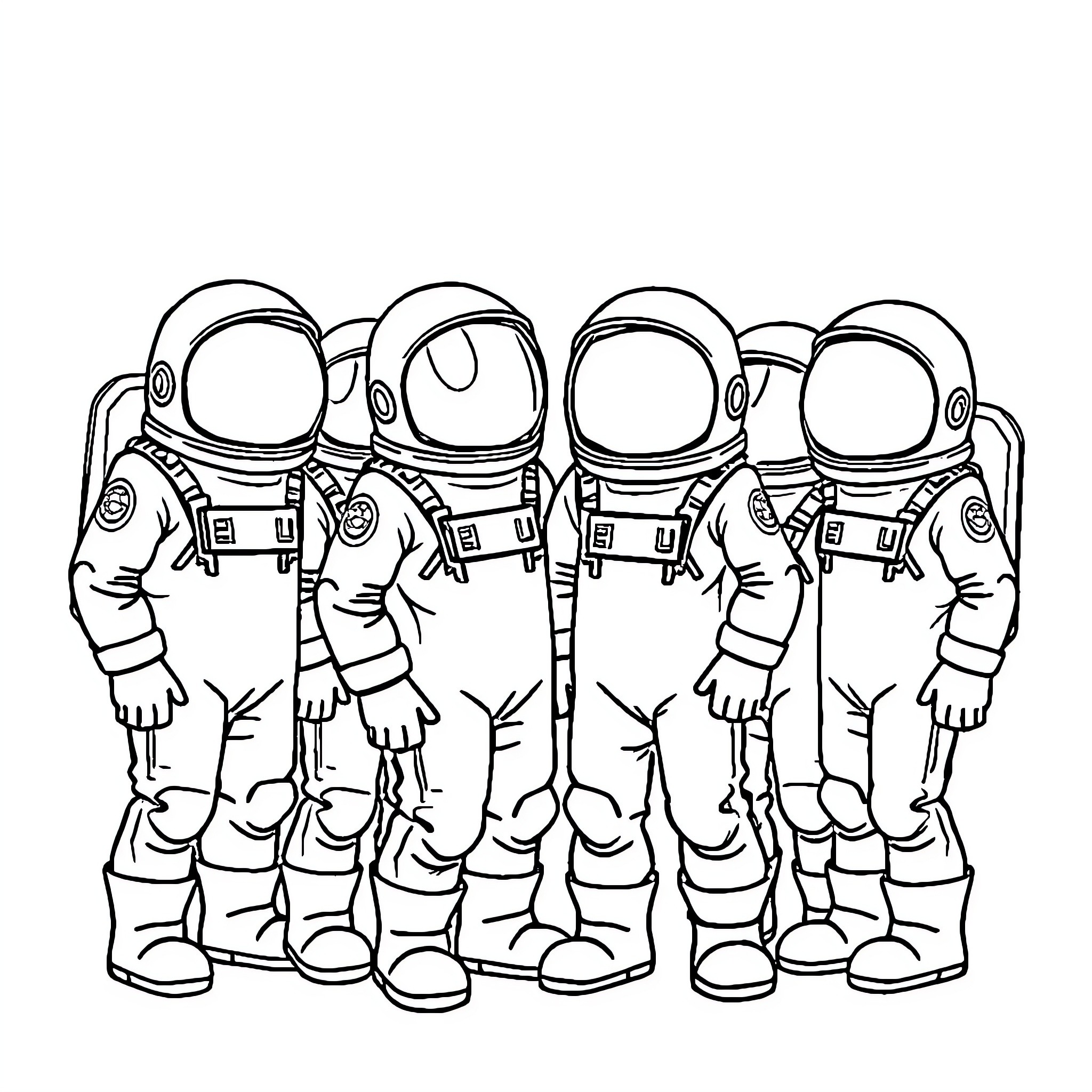 Among Us Characters in Astronaut Suits Coloring Page (free black-and-white line drawing printable PDF for all, from beginners to advanced learners, including children, teens, adults, and seniors)