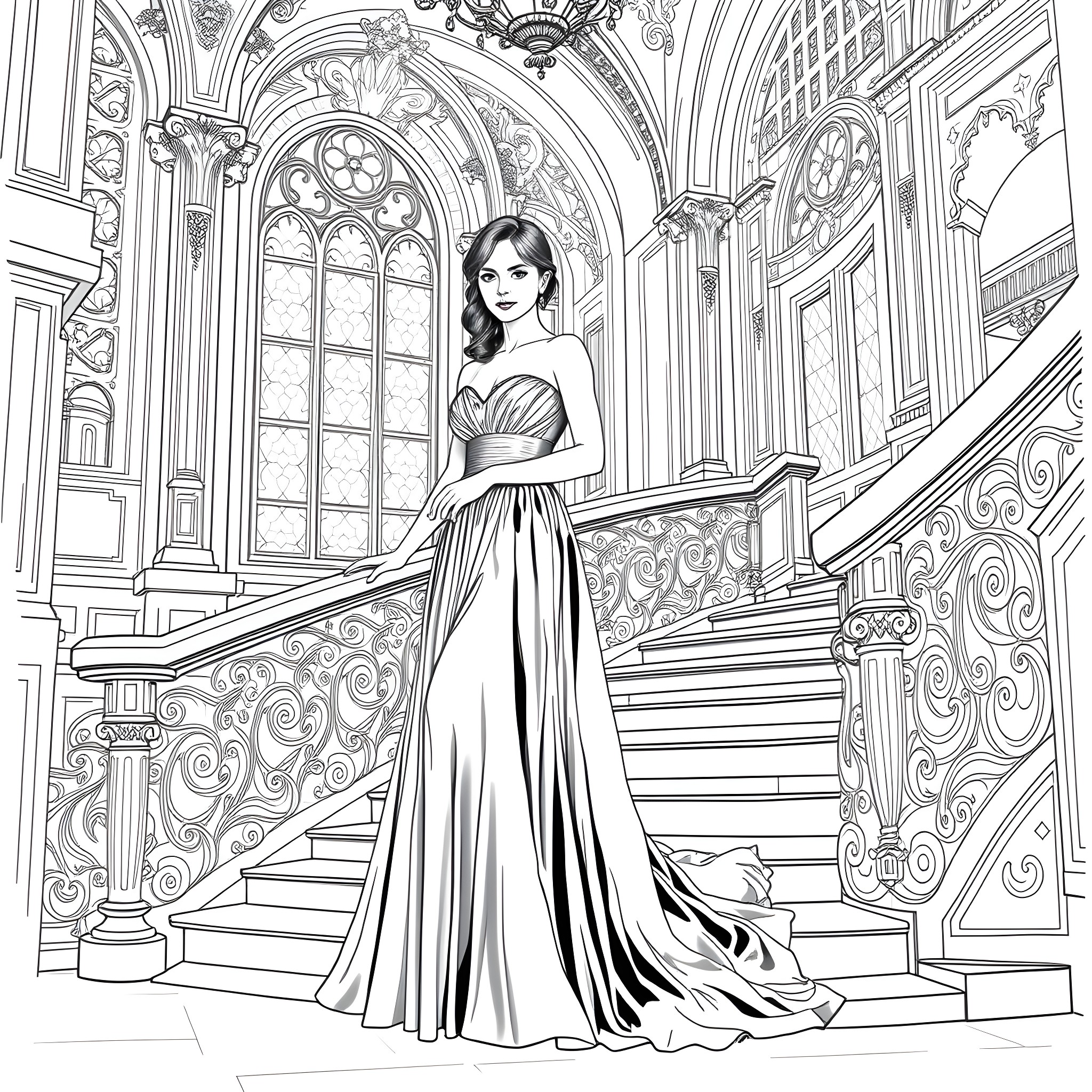 Emma Watson in an elegant gown at a grand staircase Coloring Page (free black-and-white line drawing printable PDF for all, from beginners to advanced learners, including children, teens, adults, and seniors)