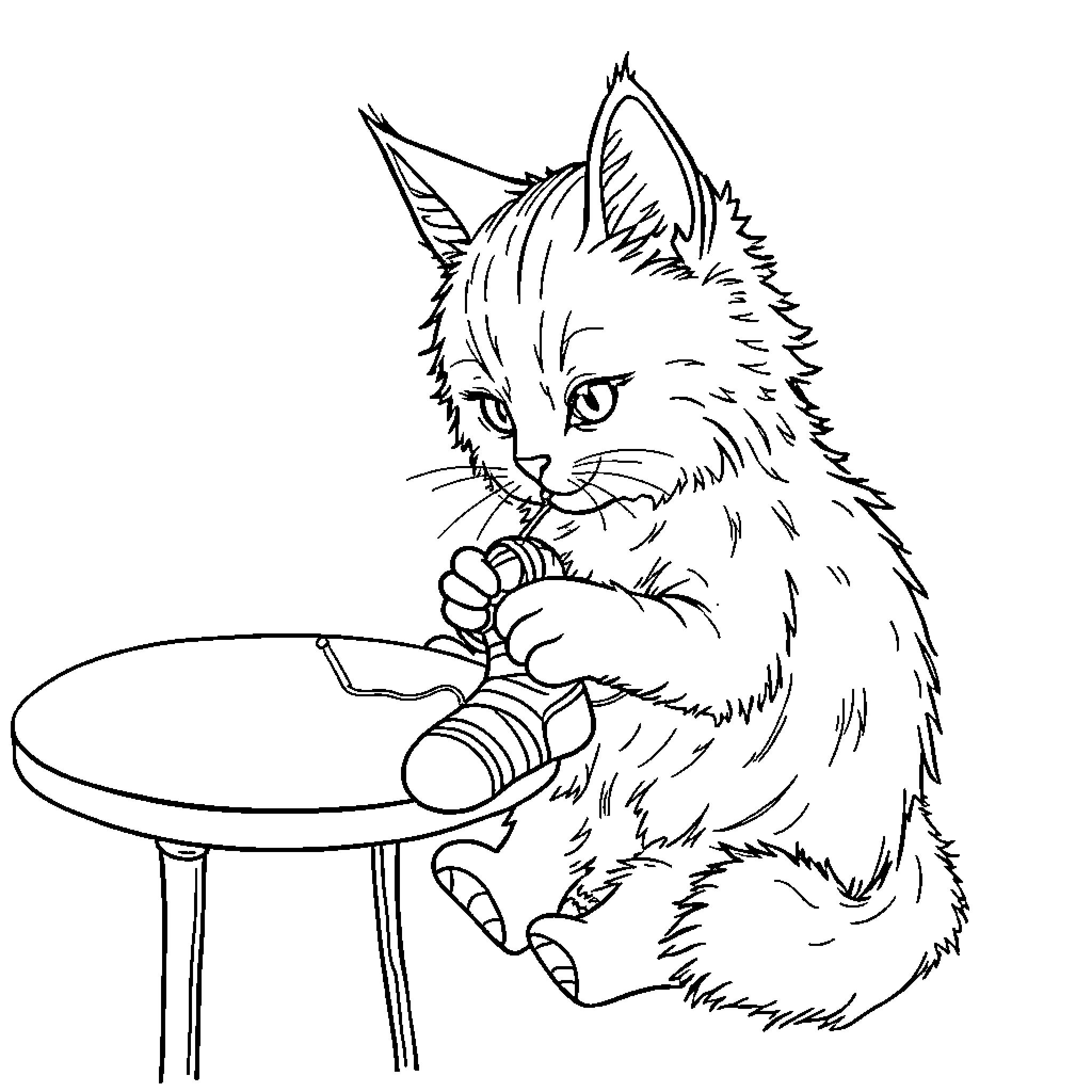 Cat playing with toy on table Coloring Page (free black-and-white line drawing printable PDF for all, from beginners to advanced learners, including children, teens, adults, and seniors)