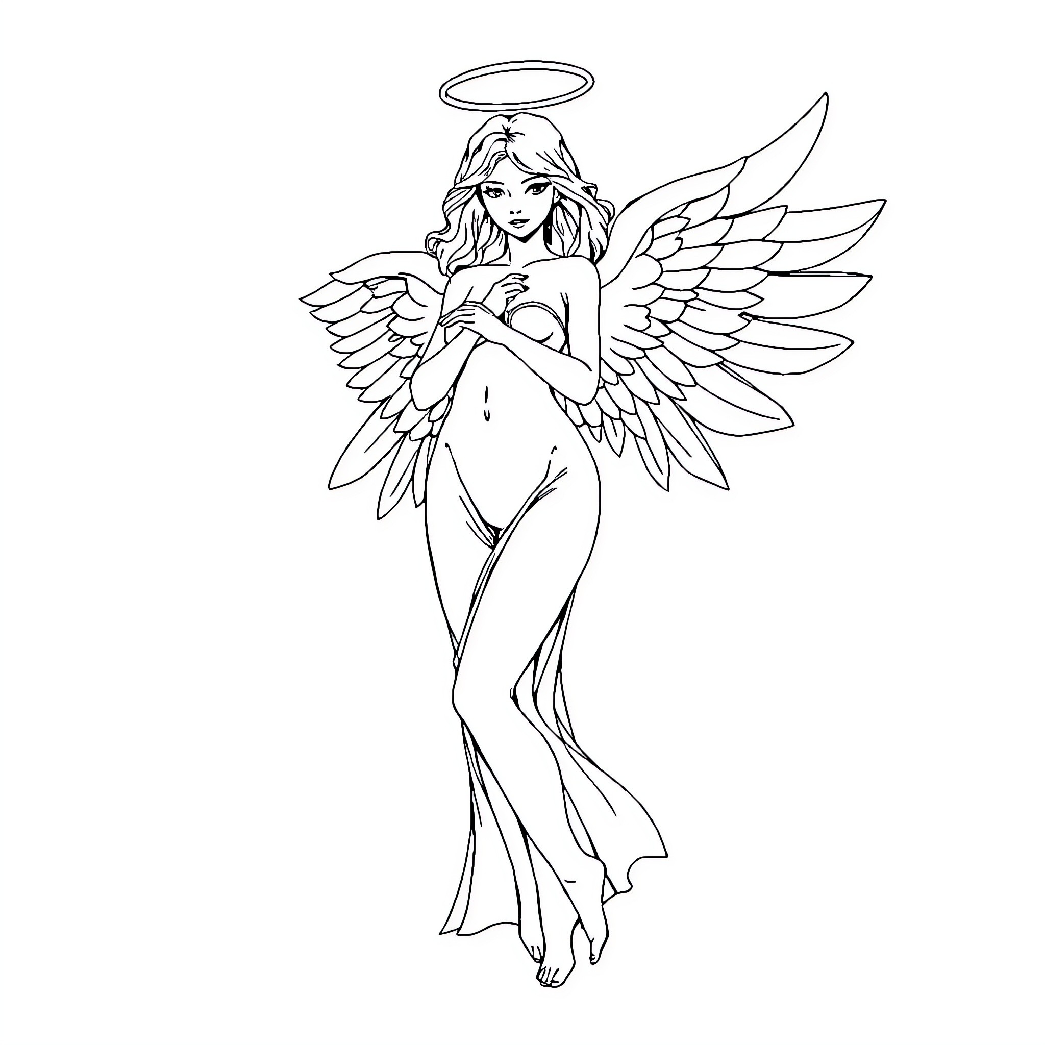 Angel with Flowing Robes and Outstretched Wings Coloring Page (free black-and-white line drawing printable PDF for all, from beginners to advanced learners, including children, teens, adults, and seniors)