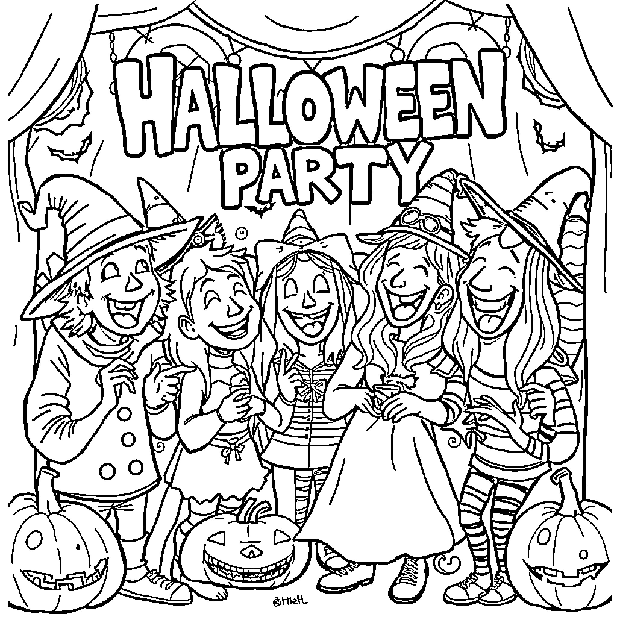 Halloween Party with Costumed Characters Coloring Page (free black-and-white line drawing printable PDF for all, from beginners to advanced learners, including children, teens, adults, and seniors)