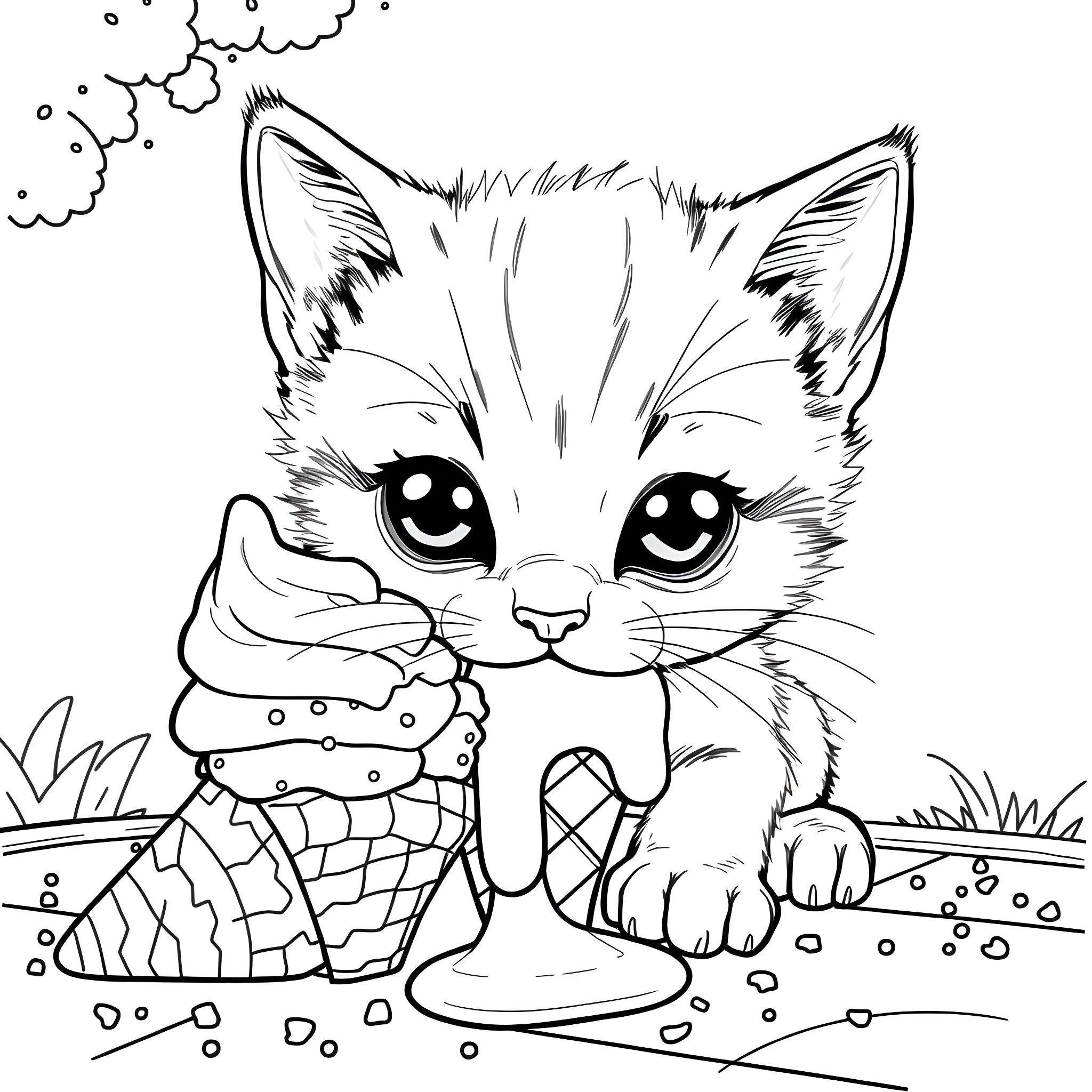Kitten enjoying a tasty ice cream treat Coloring Page (free black-and-white line drawing printable PDF for all, from beginners to advanced learners, including children, teens, adults, and seniors)