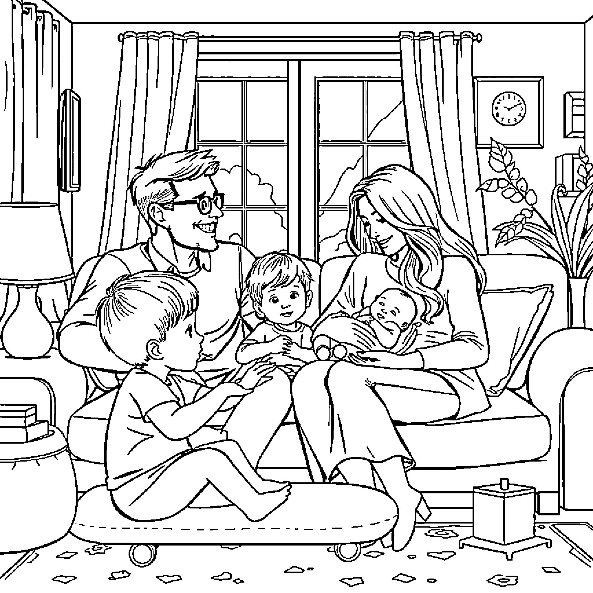 Family relaxing together in cozy living room Coloring Page (free black-and-white line drawing printable PDF for all, from beginners to advanced learners, including children, teens, adults, and seniors)