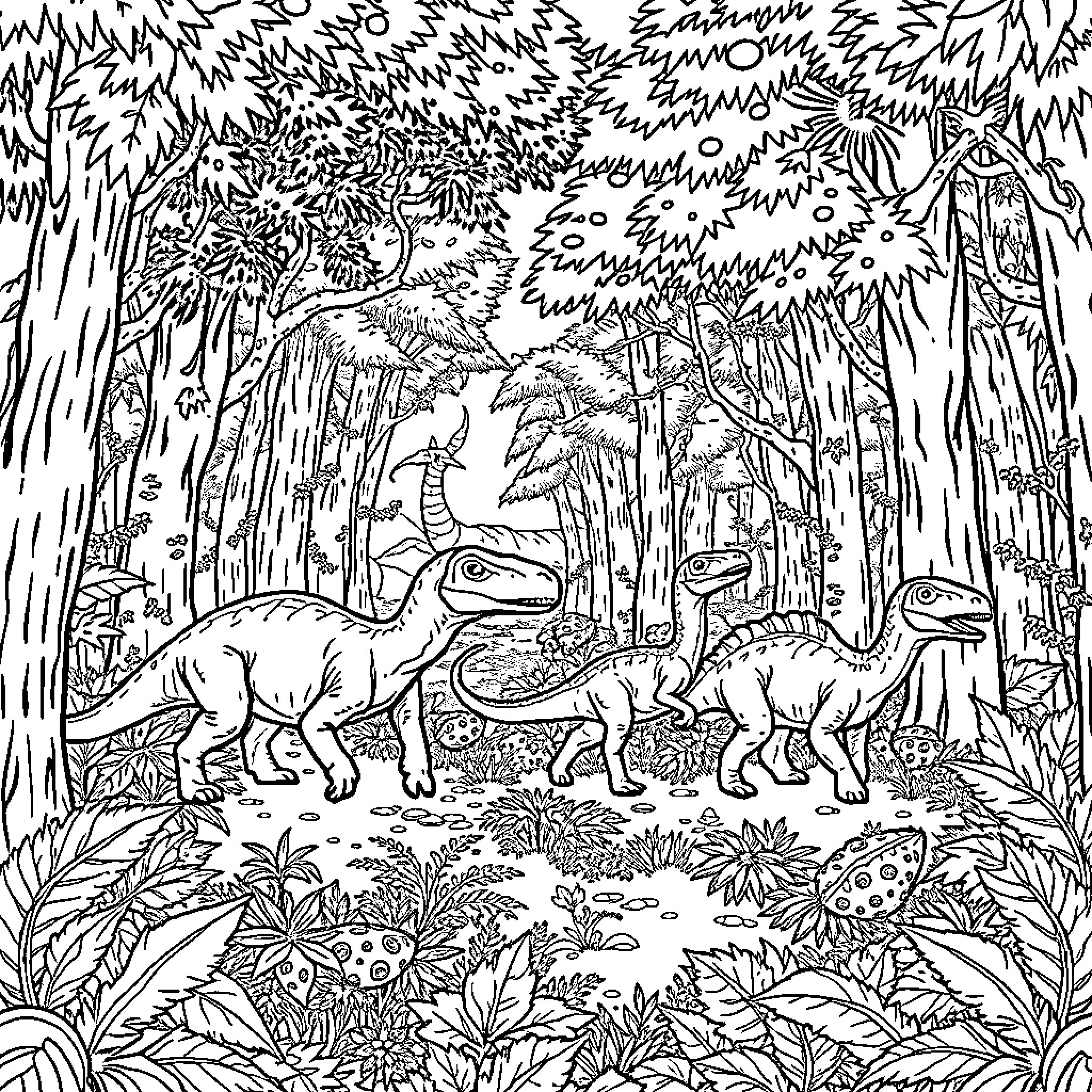 Dinosaurs exploring the lush prehistoric forest Coloring Page (free black-and-white line drawing printable PDF for all, from beginners to advanced learners, including children, teens, adults, and seniors)
