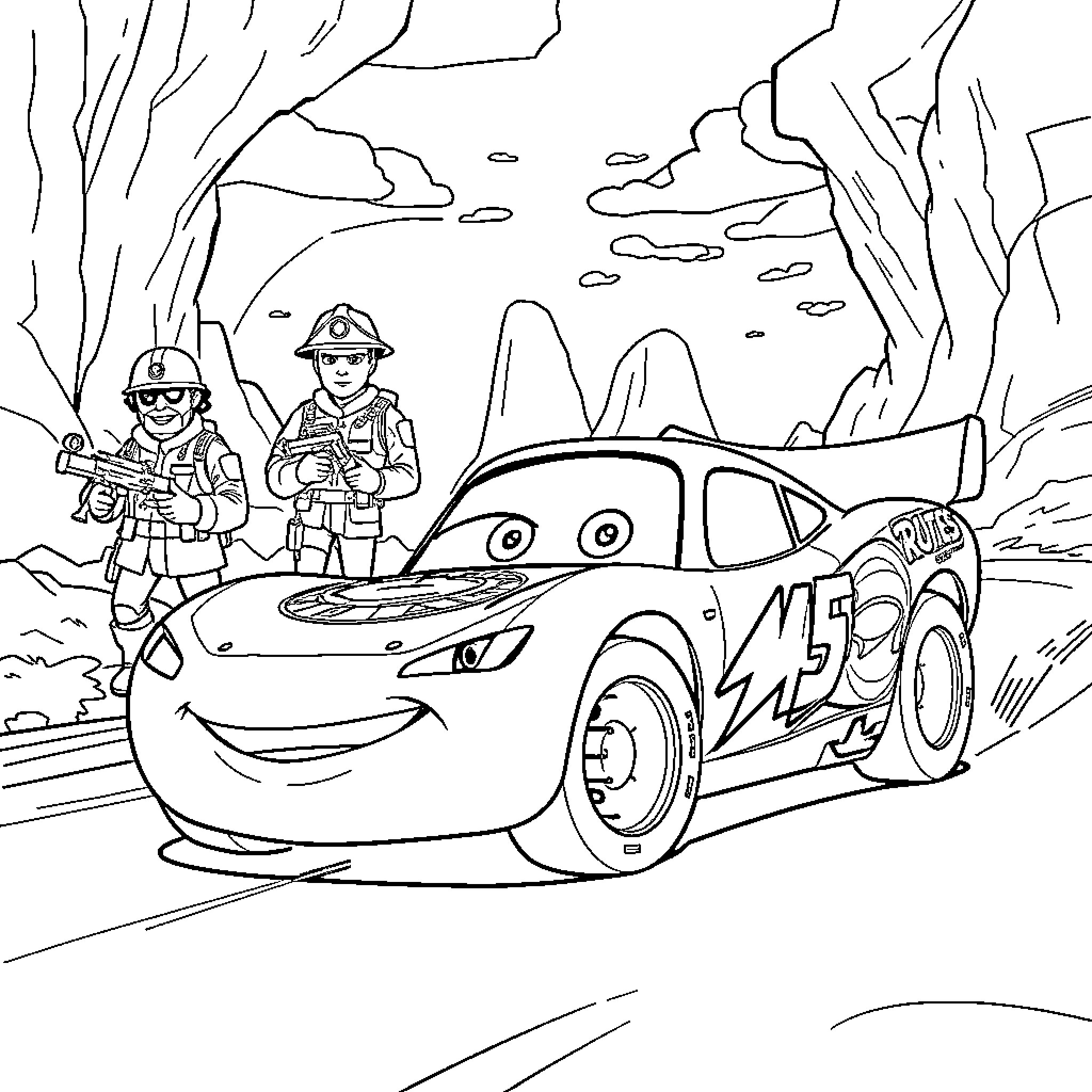 Firefighters assist racing car in emergency situation Coloring Page (free black-and-white line drawing printable PDF for all, from beginners to advanced learners, including children, teens, adults, and seniors)