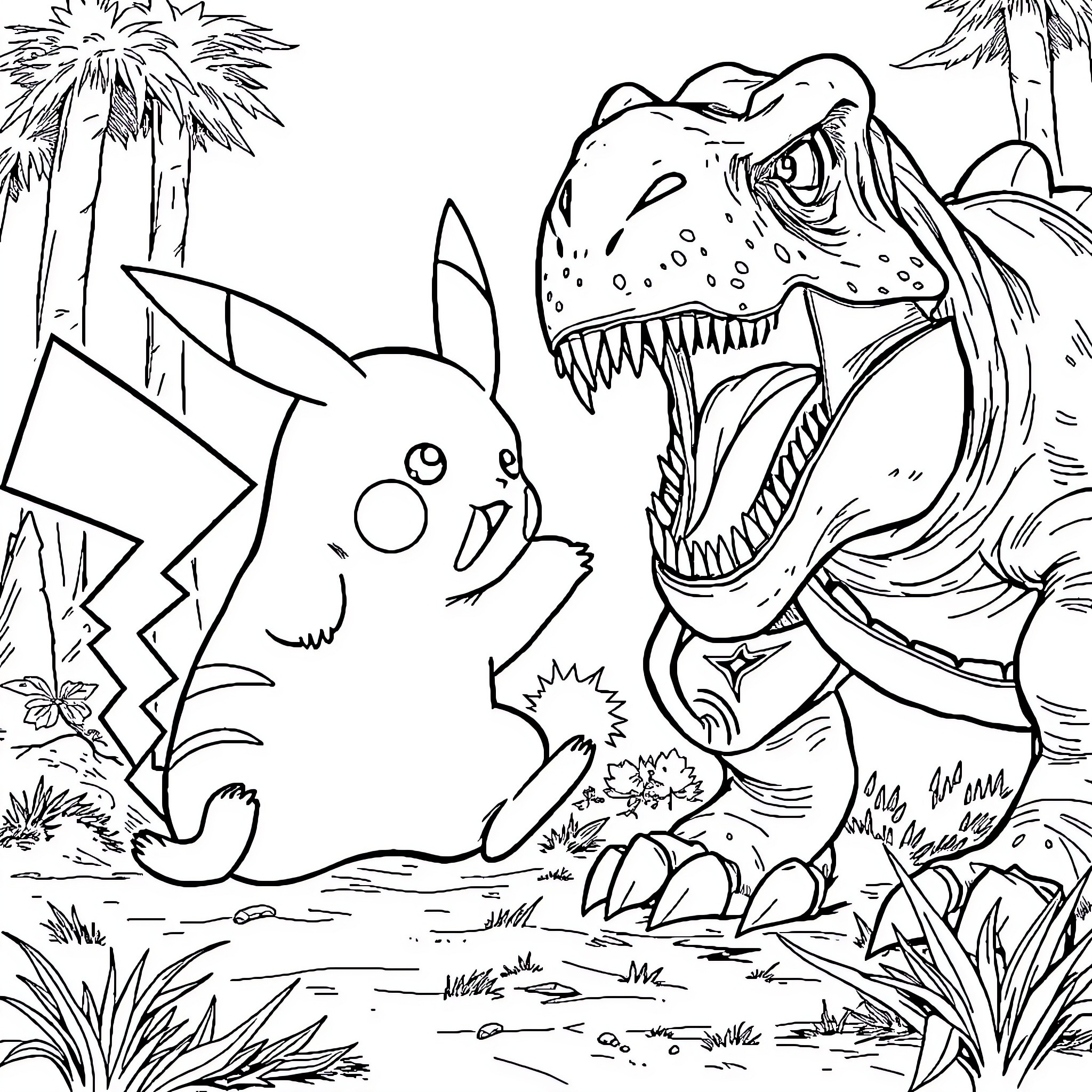 Pikachu encounters a ferocious dinosaur Coloring Page (free black-and-white line drawing printable PDF for all, from beginners to advanced learners, including children, teens, adults, and seniors)