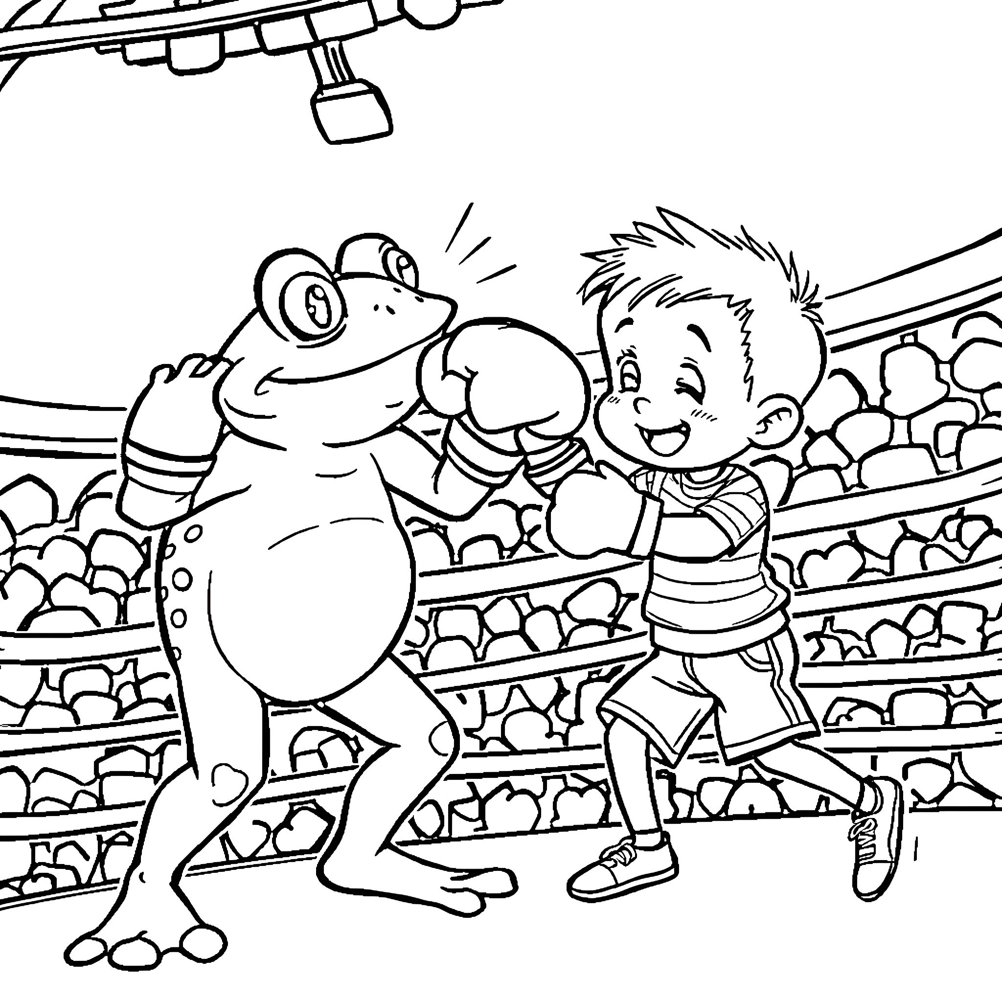 Frog and boy playing together in arena Coloring Page (free black-and-white line drawing printable PDF for all, from beginners to advanced learners, including children, teens, adults, and seniors)