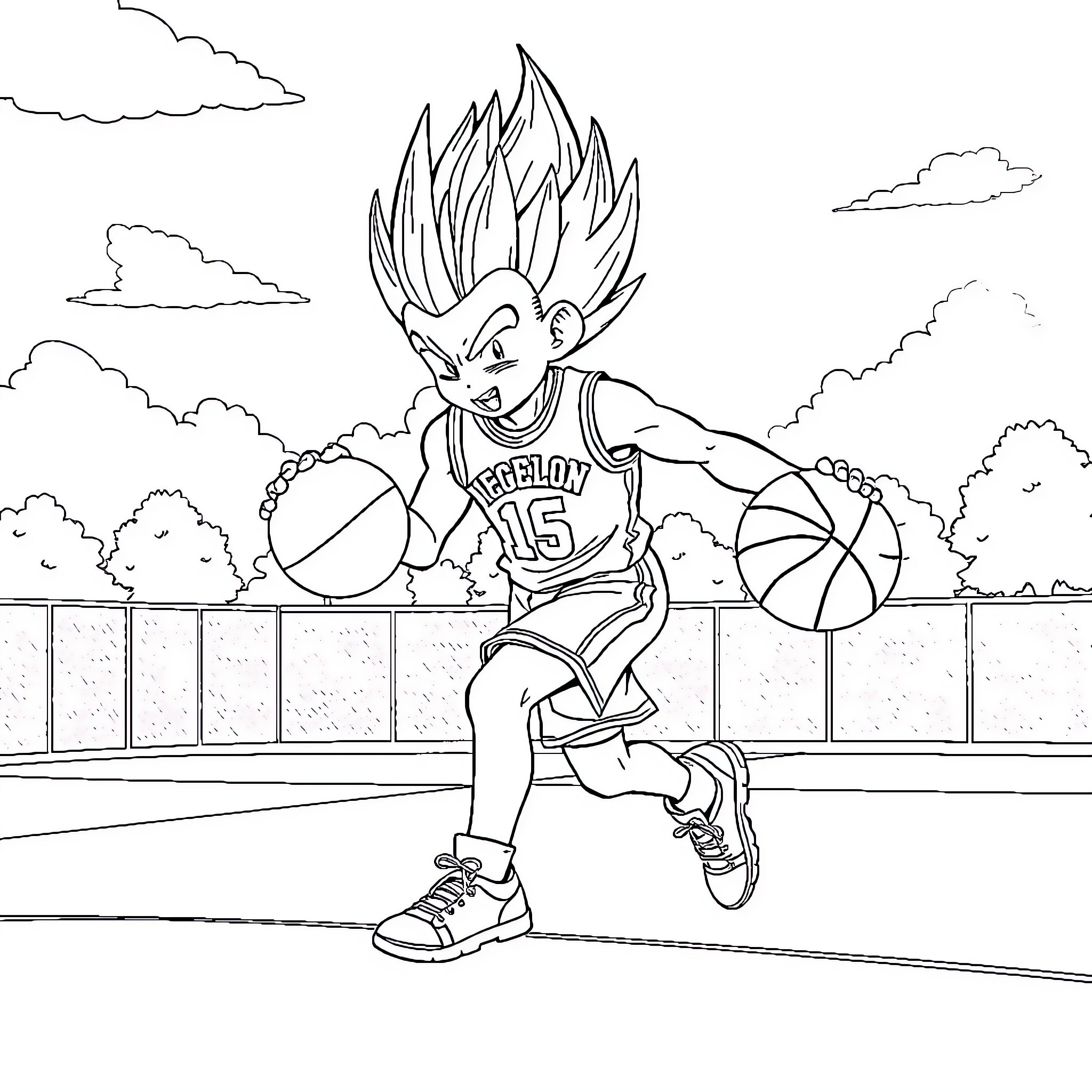 Vegeta playing basketball with fierce determination Coloring Page (free black-and-white line drawing printable PDF for all, from beginners to advanced learners, including children, teens, adults, and seniors)