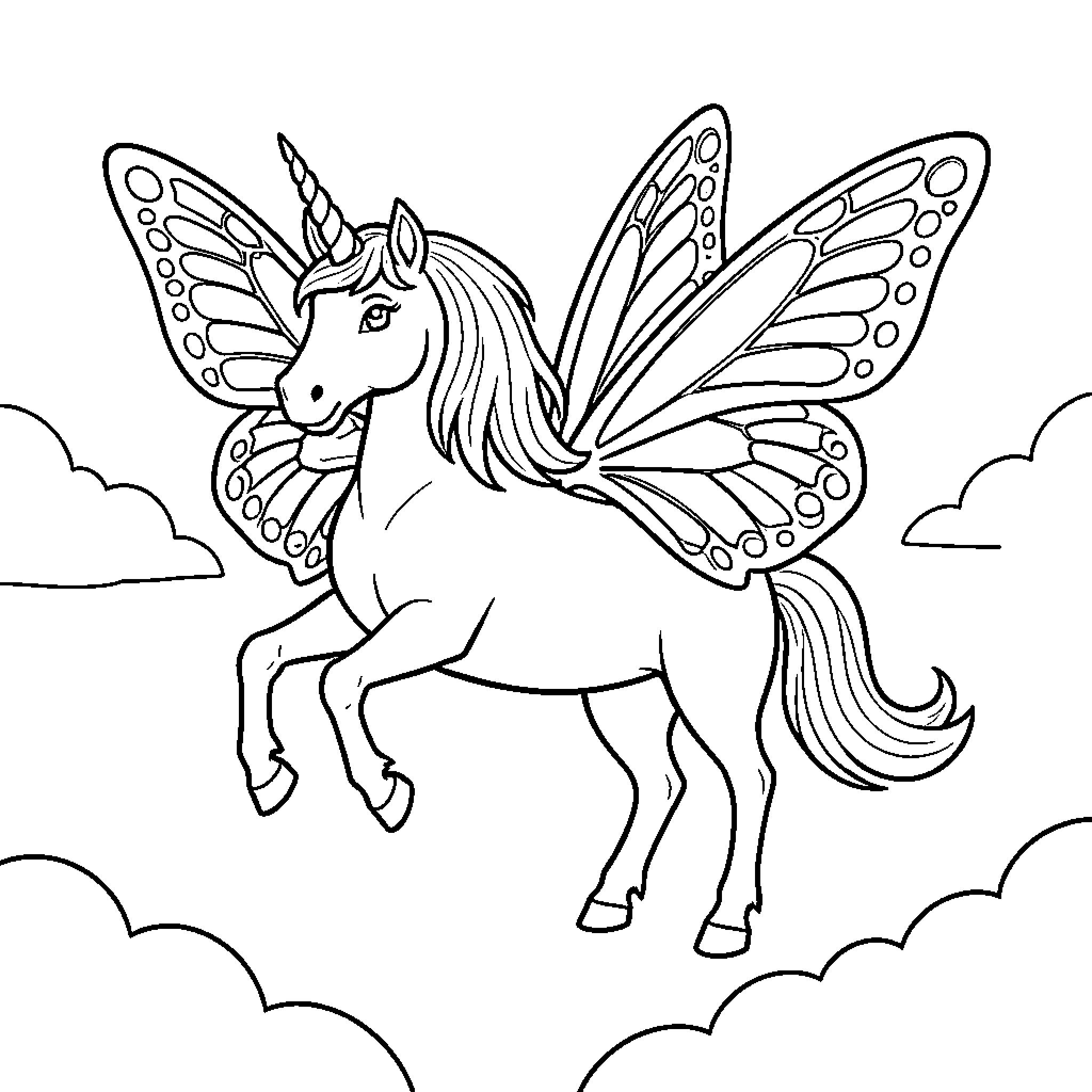 Unicorn with butterfly wings soaring through the clouds Coloring Page (free black-and-white line drawing printable PDF for all, from beginners to advanced learners, including children, teens, adults, and seniors)