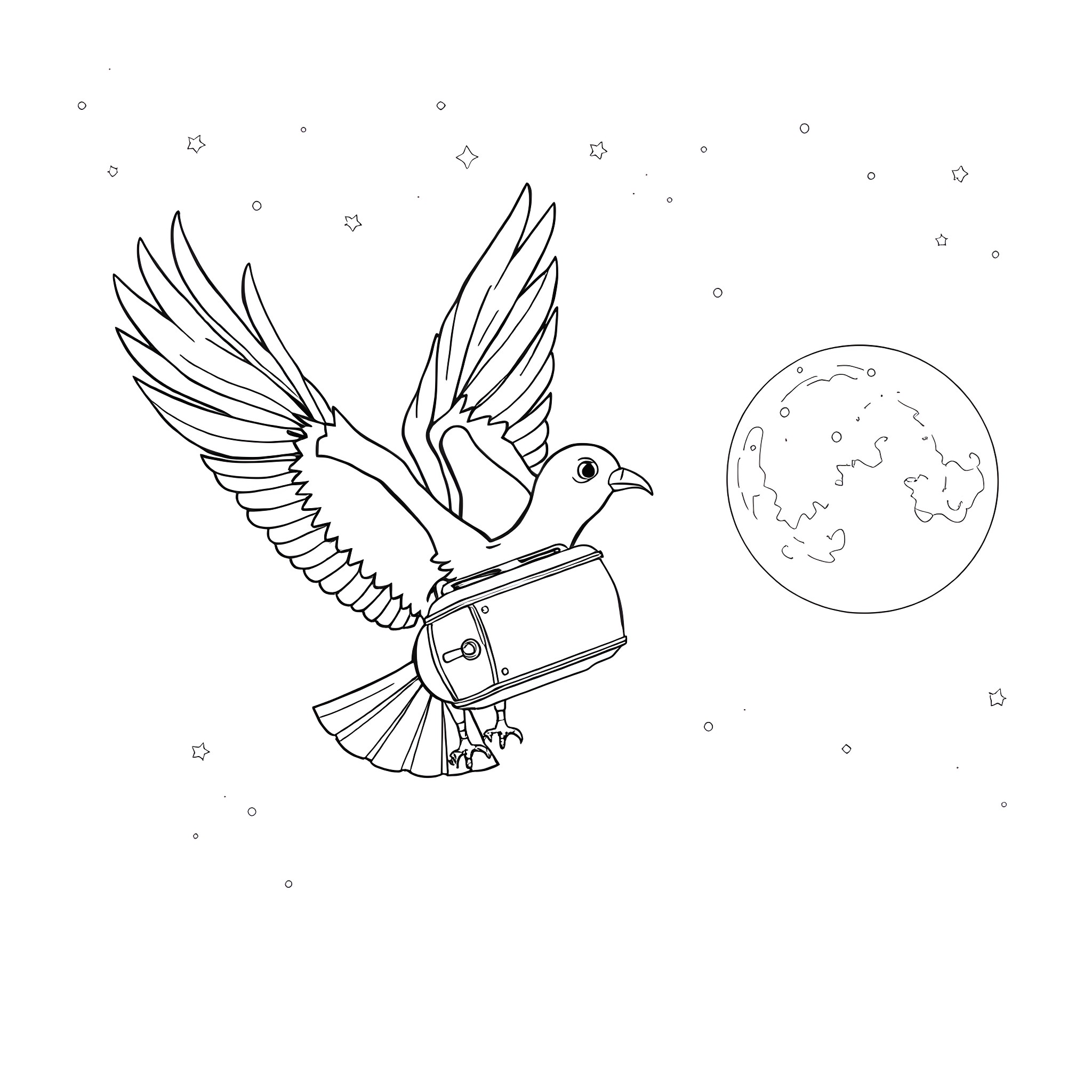 Bird soaring with a suitcase near the Earth Coloring Page (free black-and-white line drawing printable PDF for all, from beginners to advanced learners, including children, teens, adults, and seniors)