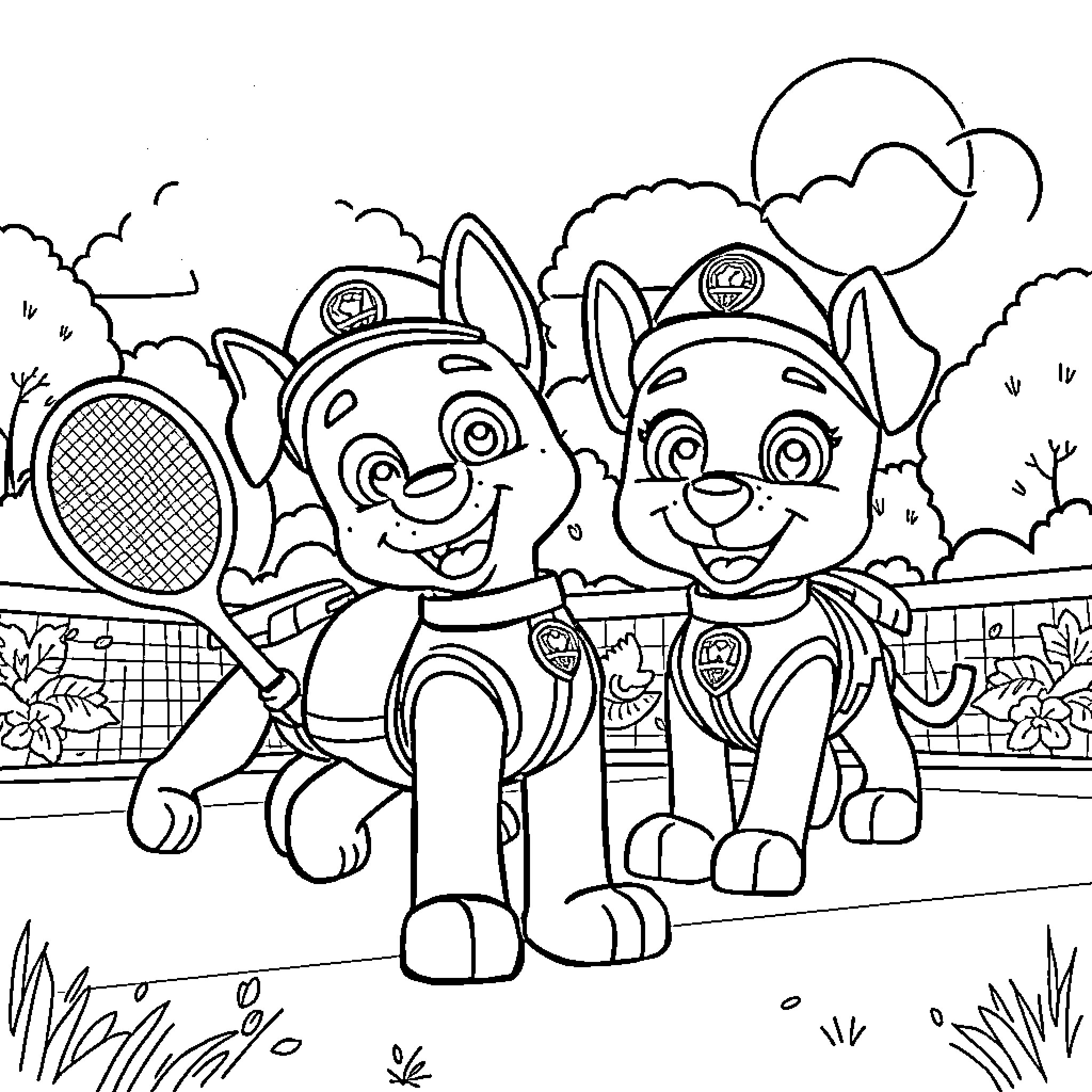 Paw Patrol Team Playing Tennis in the Park Coloring Page (free black-and-white line drawing printable PDF for all, from beginners to advanced learners, including children, teens, adults, and seniors)