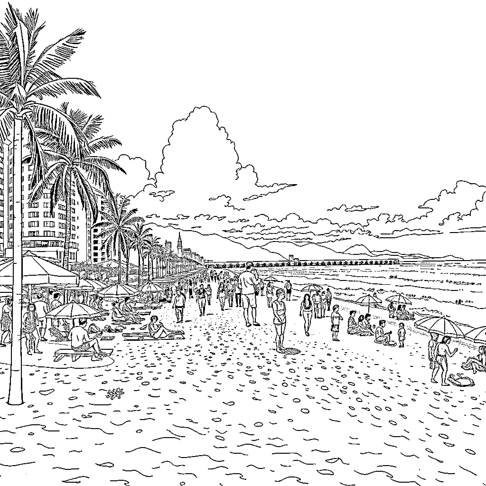 Beach scene with people enjoying various activities Coloring Page (free black-and-white line drawing printable PDF for all, from beginners to advanced learners, including children, teens, adults, and seniors)