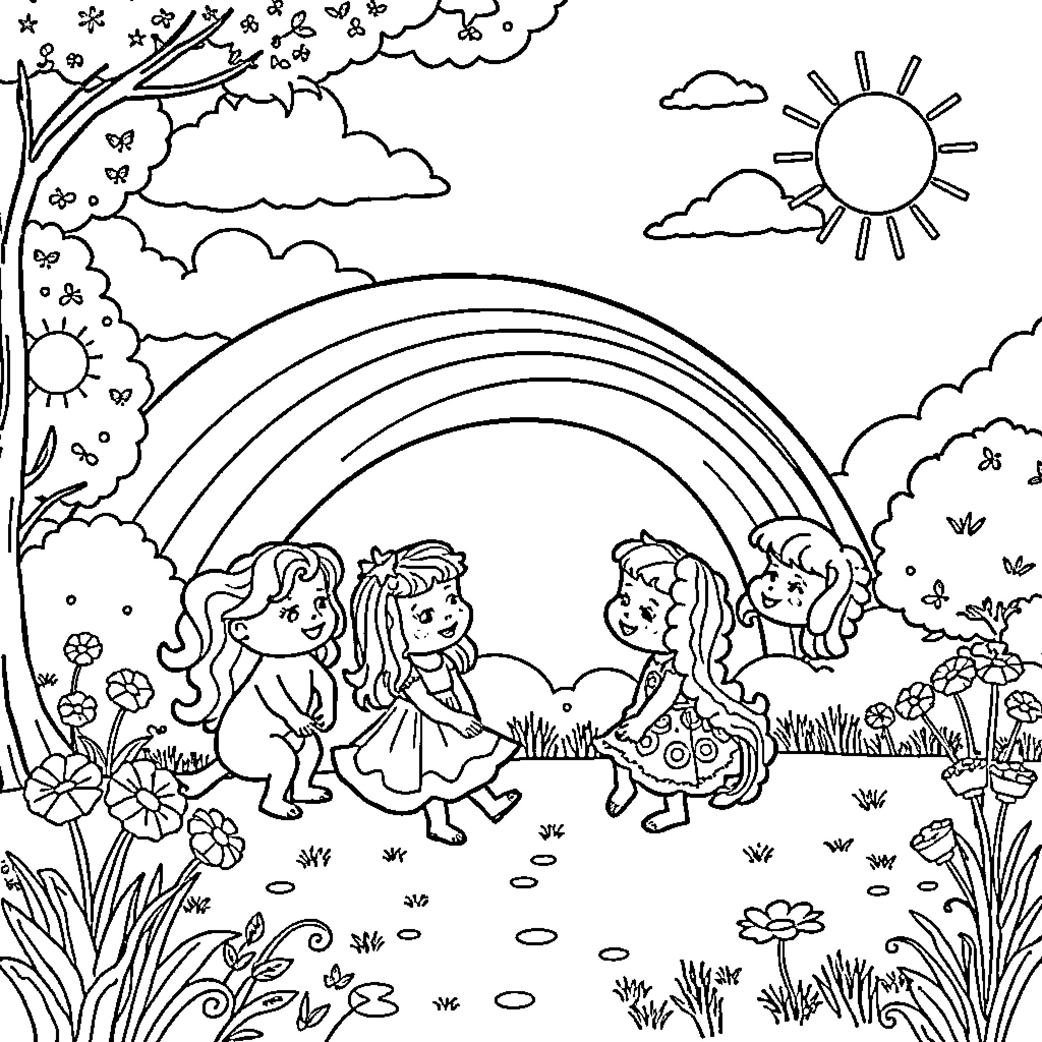 Rainbowfriends exploring a whimsical outdoor scene Coloring Page (free black-and-white line drawing printable PDF for all, from beginners to advanced learners, including children, teens, adults, and seniors)