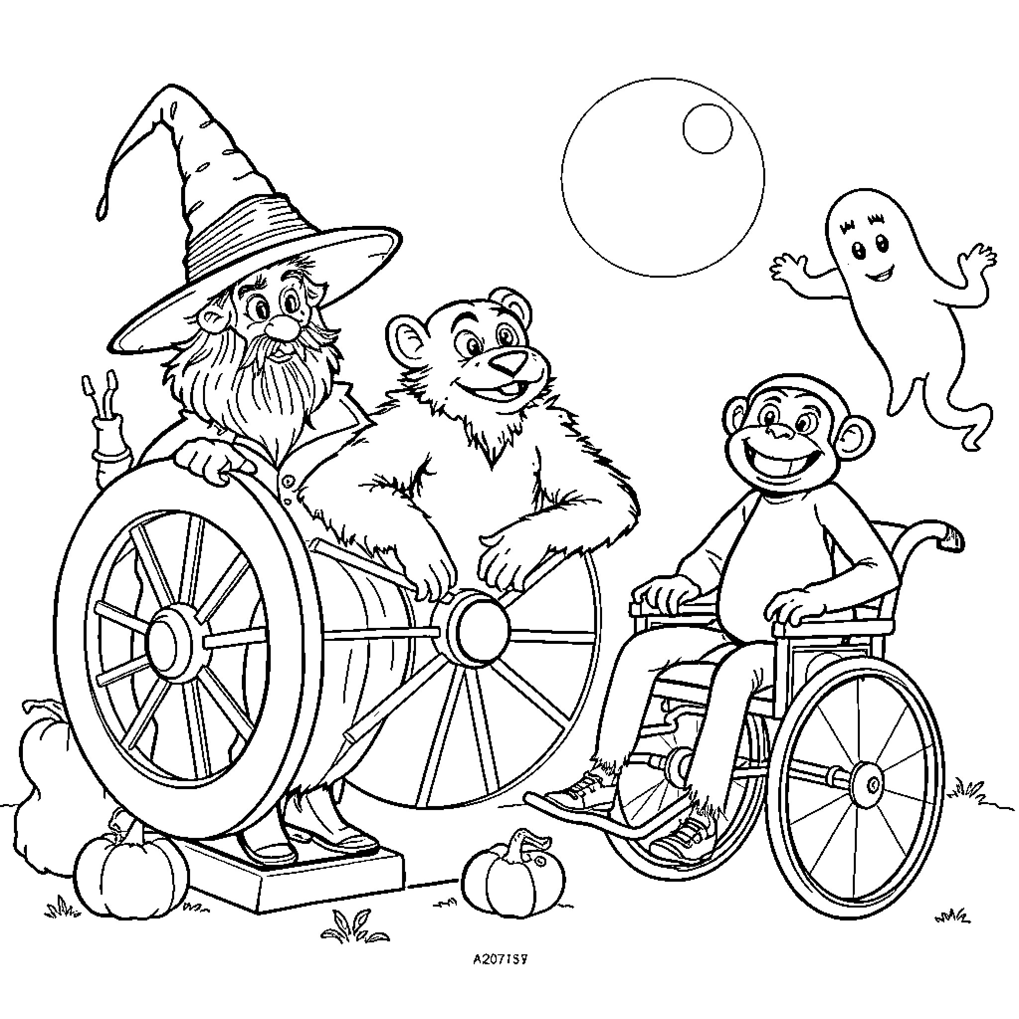 Witch and friends on magical ride Coloring Page (free black-and-white line drawing printable PDF for all, from beginners to advanced learners, including children, teens, adults, and seniors)