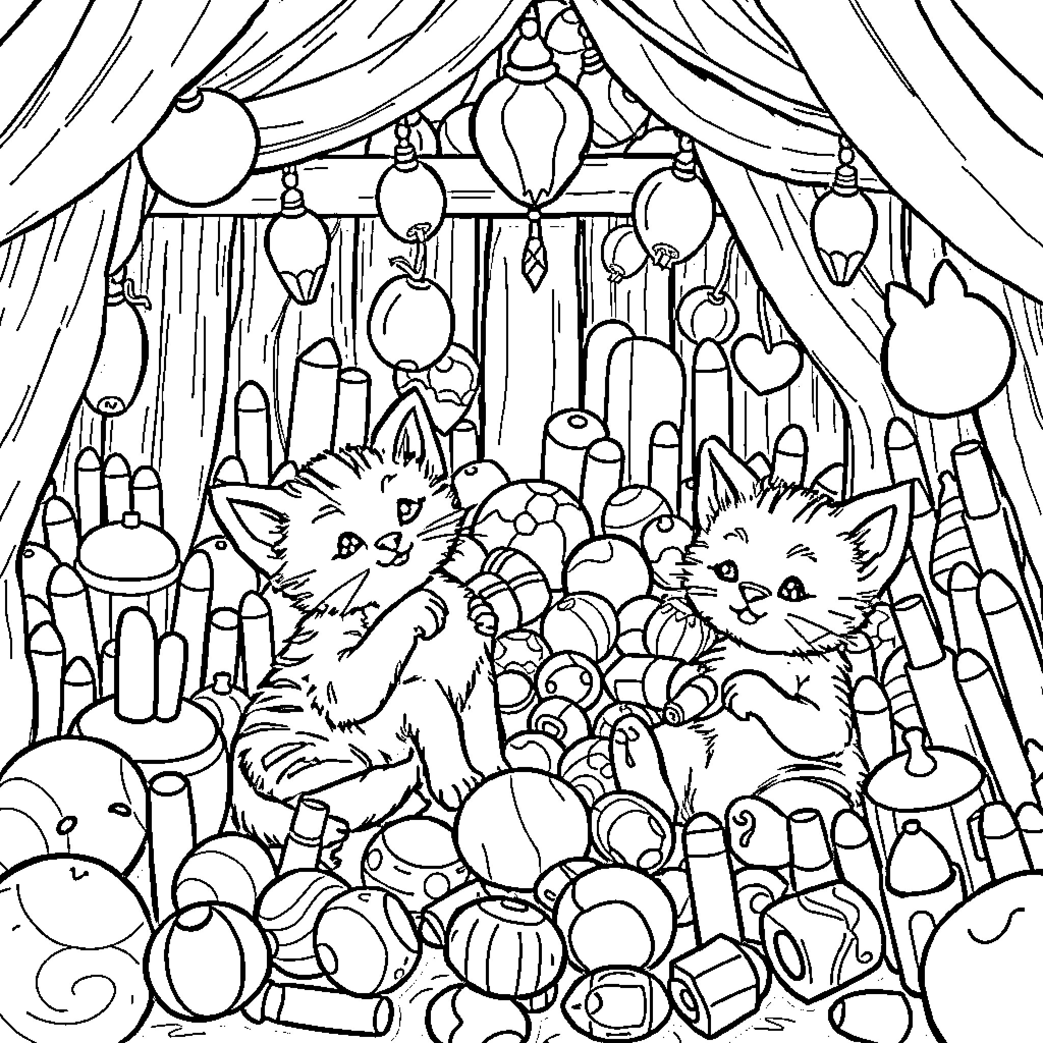 Kittens playing amidst an array of festive ornaments Coloring Page (free black-and-white line drawing printable PDF for all, from beginners to advanced learners, including children, teens, adults, and seniors)
