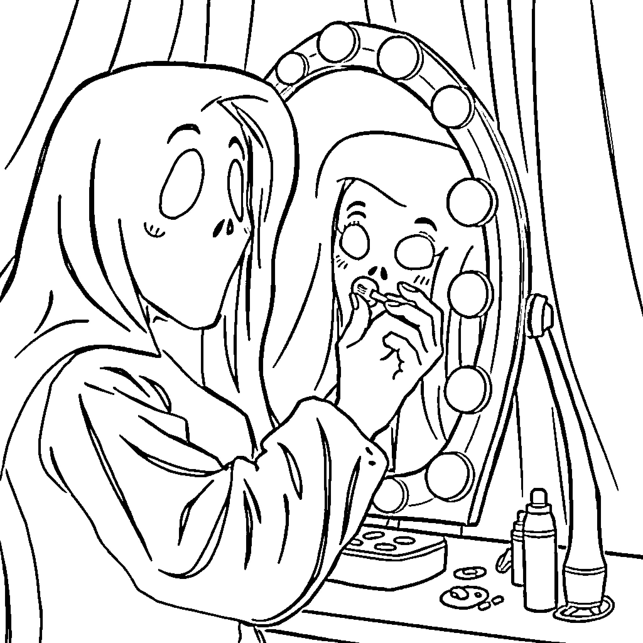 Ghost Face applying makeup in front of mirror Coloring Page (free black-and-white line drawing printable PDF for all, from beginners to advanced learners, including children, teens, adults, and seniors)