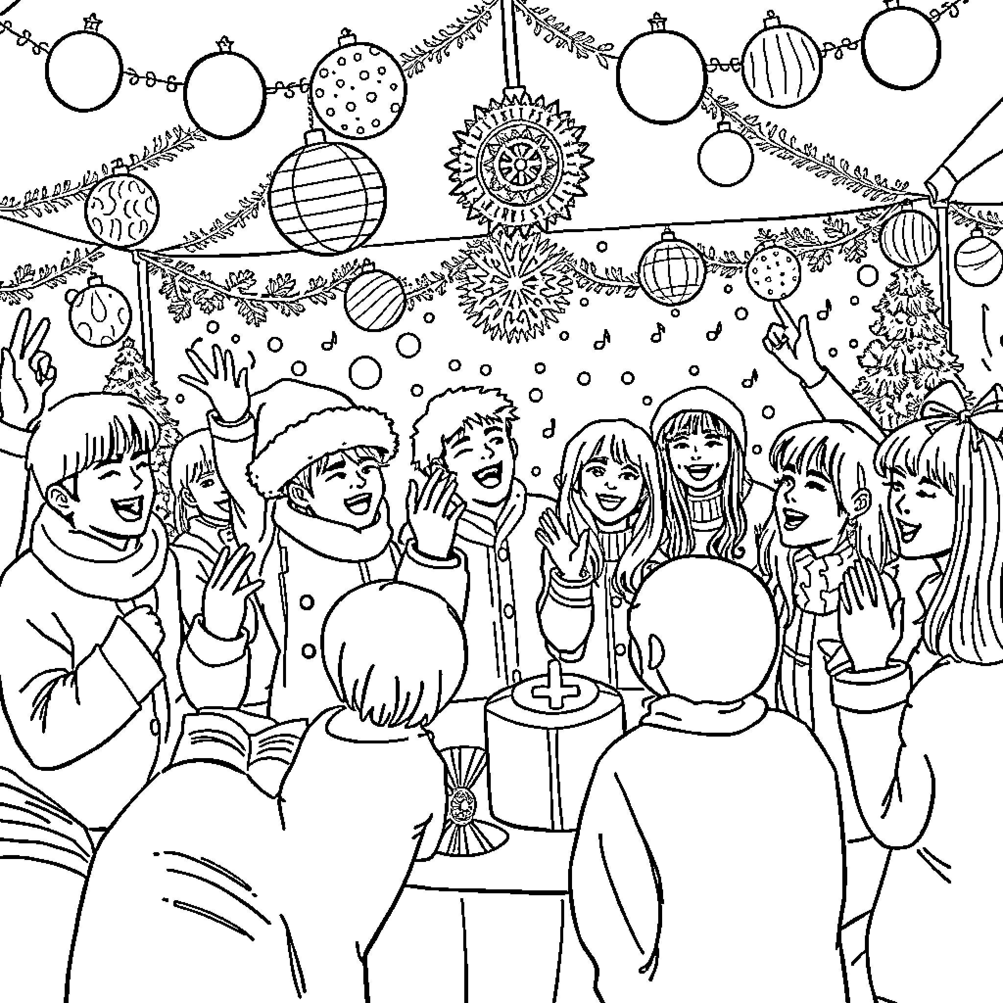 K Pop Dance Party with Colorful Decorations Coloring Page (free black-and-white line drawing printable PDF for all, from beginners to advanced learners, including children, teens, adults, and seniors)