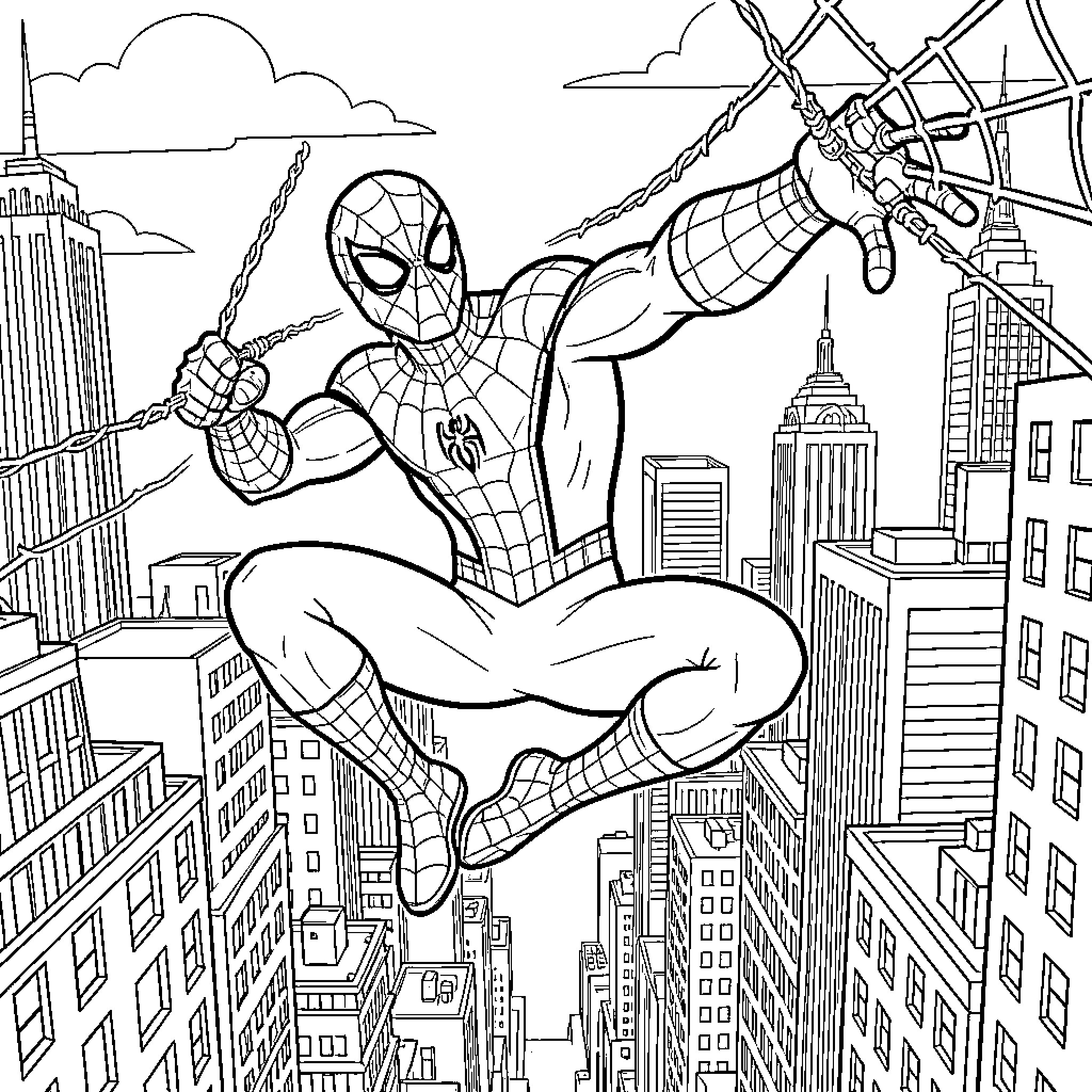 Spider-Man swinging through a dense city skyline Coloring Page (free black-and-white line drawing printable PDF for all, from beginners to advanced learners, including children, teens, adults, and seniors)