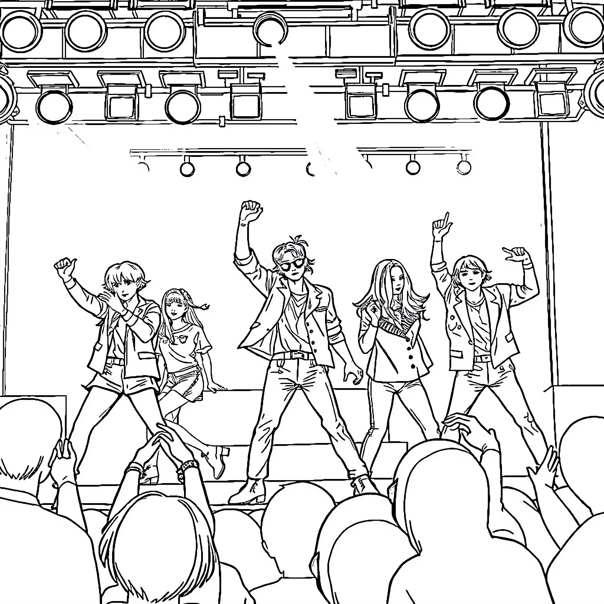 Kpop group performing energetic dance on stage Coloring Page (free black-and-white line drawing printable PDF for all, from beginners to advanced learners, including children, teens, adults, and seniors)