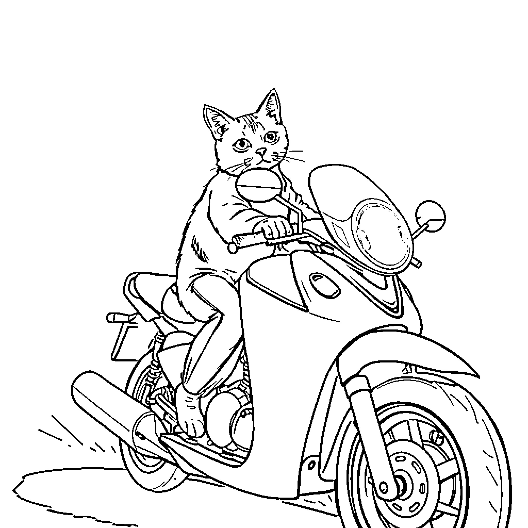 Chat with Feline Moto Enthusiast Coloring Page (free black-and-white line drawing printable PDF for all, from beginners to advanced learners, including children, teens, adults, and seniors)