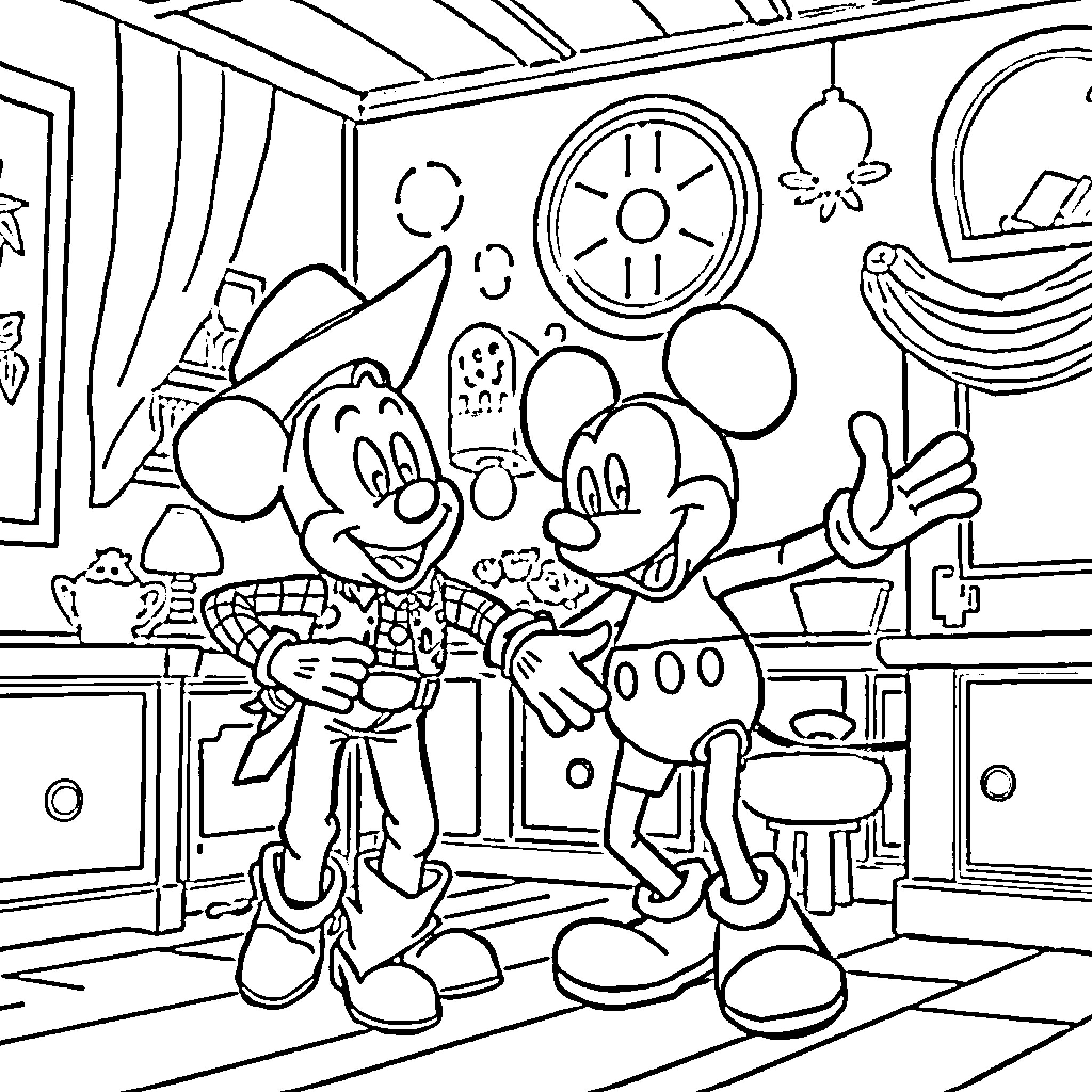 Woody and Mickey Mouse in a Cartoon Kitchen Coloring Page (free black-and-white line drawing printable PDF for all, from beginners to advanced learners, including children, teens, adults, and seniors)