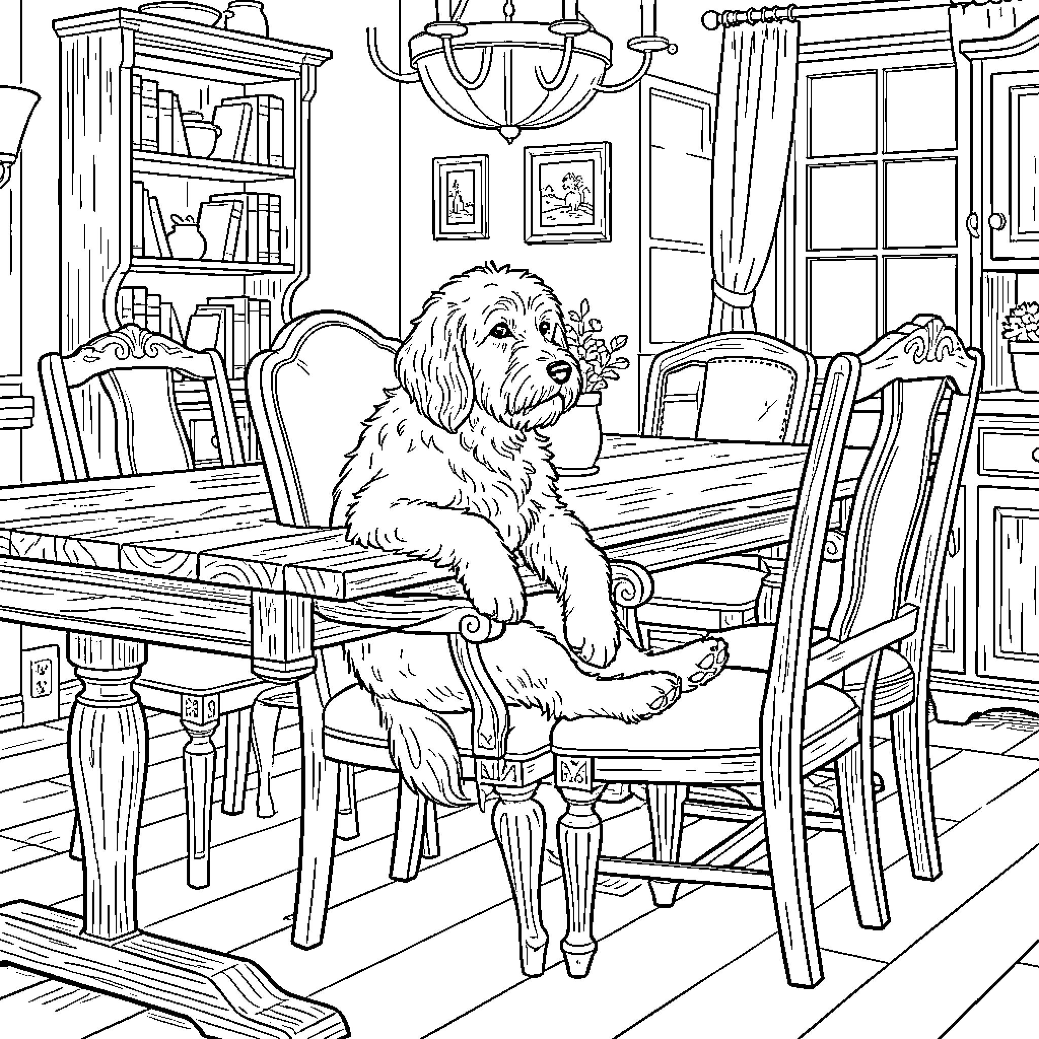 Dog relaxing at a fancy dining table Coloring Page (free black-and-white line drawing printable PDF for all, from beginners to advanced learners, including children, teens, adults, and seniors)