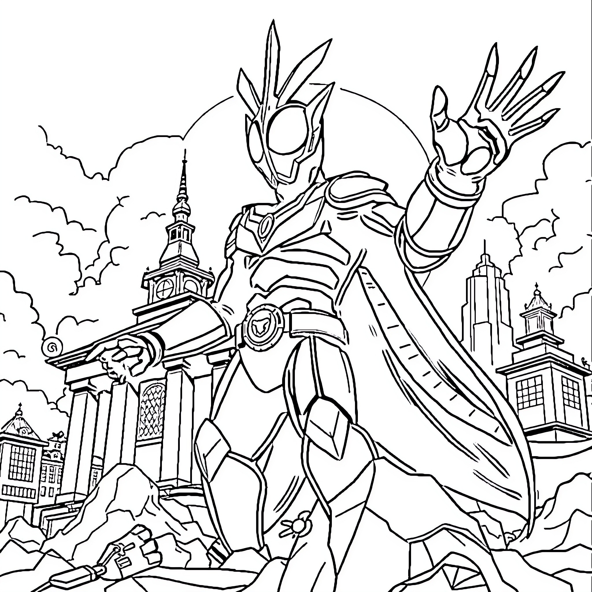 Ultraman defending the city with heroic pose Coloring Page (free black-and-white line drawing printable PDF for all, from beginners to advanced learners, including children, teens, adults, and seniors)