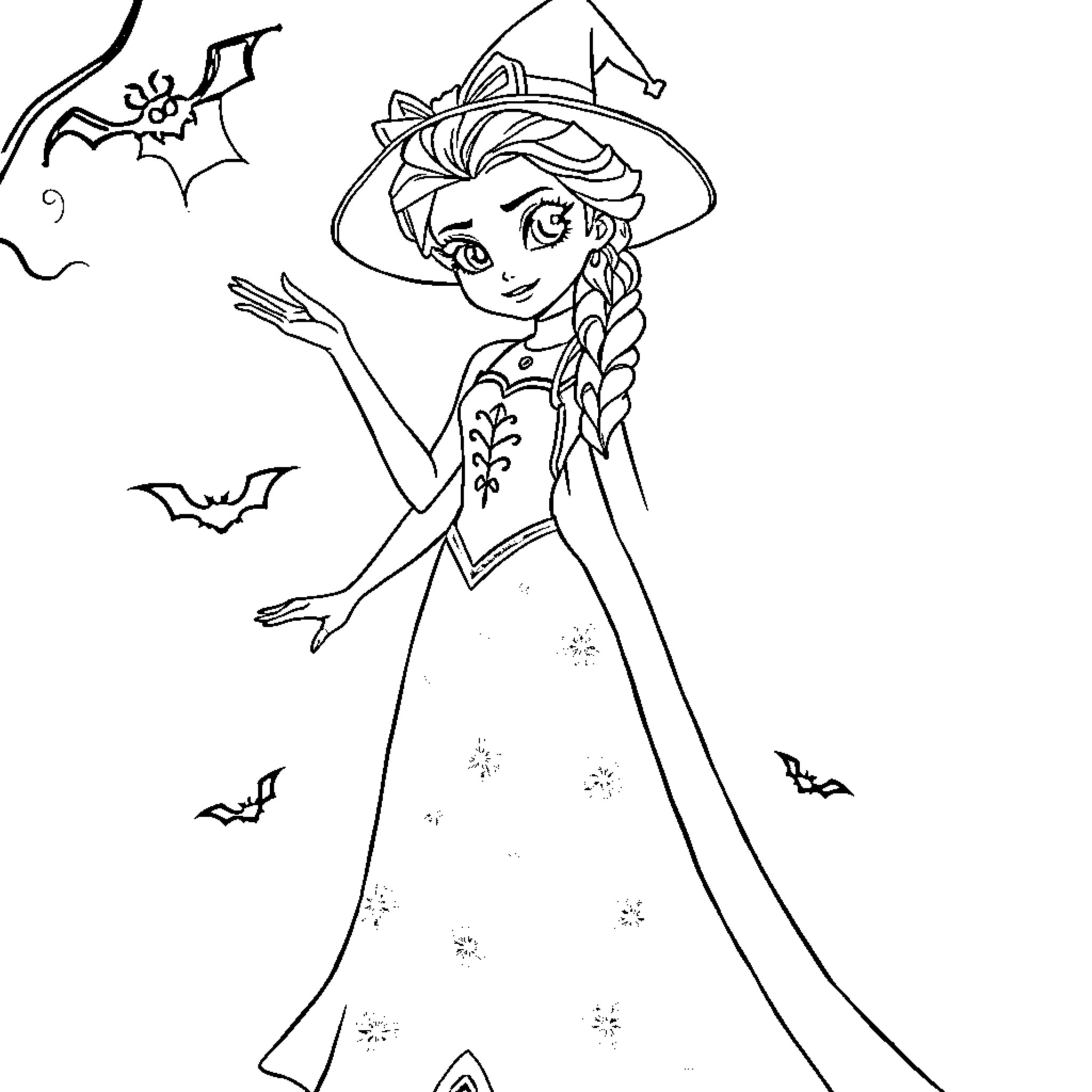 Elsa in a Halloween costume with bats Coloring Page (free black-and-white line drawing printable PDF for all, from beginners to advanced learners, including children, teens, adults, and seniors)
