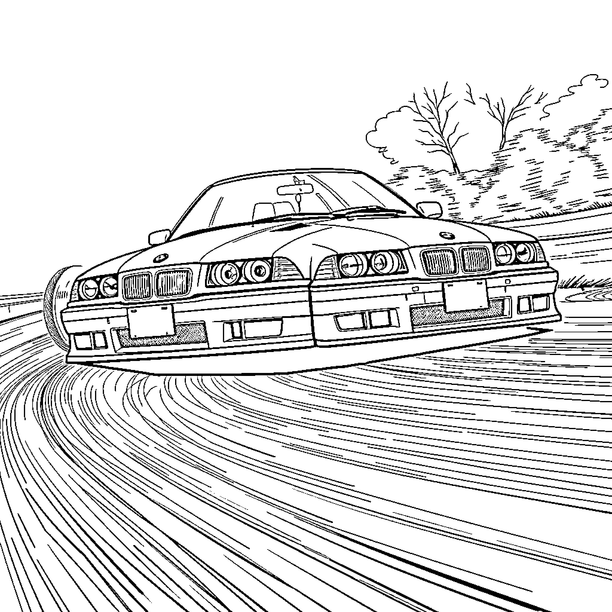 BMW driving at high speed through winding road Coloring Page (free black-and-white line drawing printable PDF for all, from beginners to advanced learners, including children, teens, adults, and seniors)