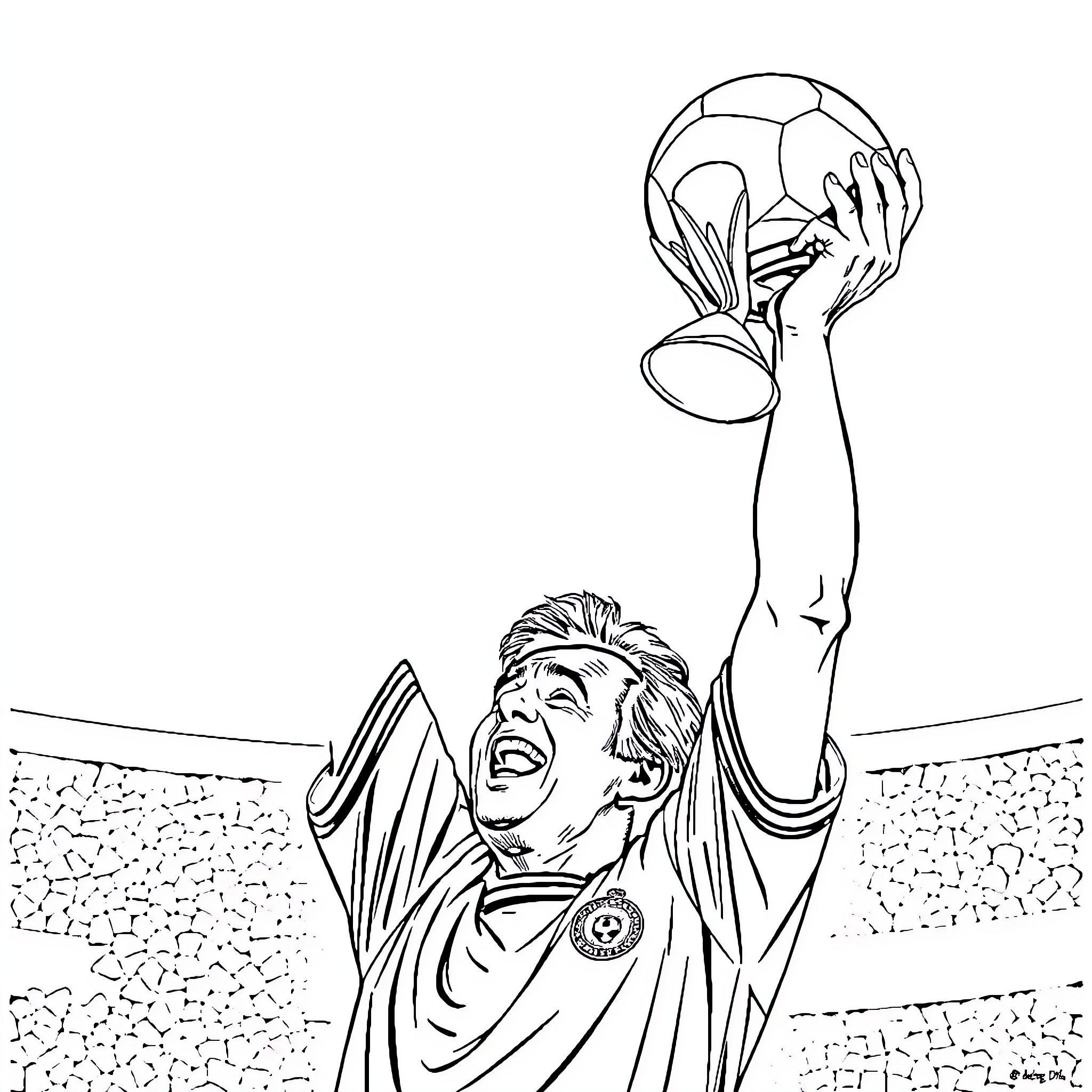 Platini celebrating football victory with trophy raised Coloring Page (free black-and-white line drawing printable PDF for all, from beginners to advanced learners, including children, teens, adults, and seniors)