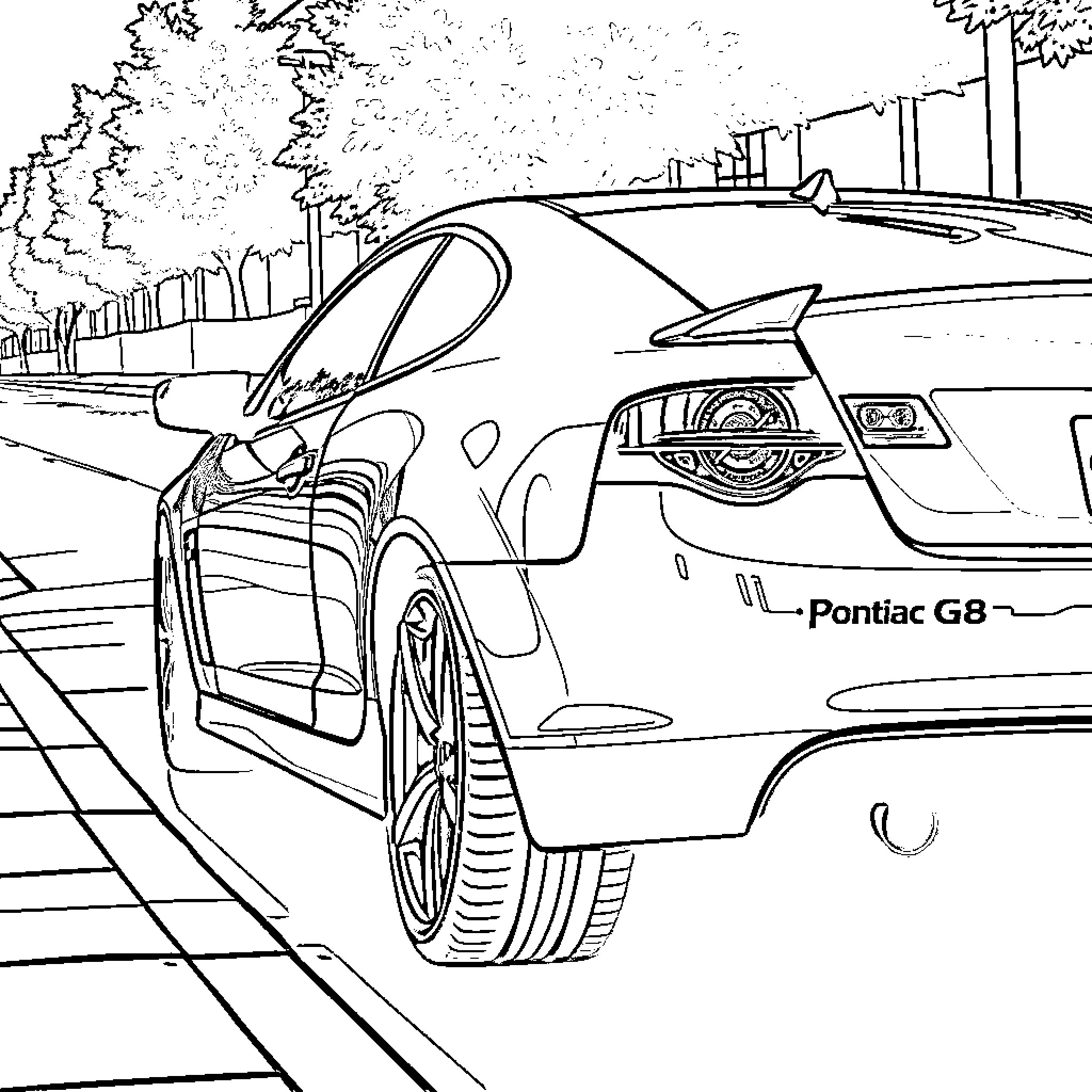 Pontiac G8 sports car on the road Coloring Page (free black-and-white line drawing printable PDF for all, from beginners to advanced learners, including children, teens, adults, and seniors)
