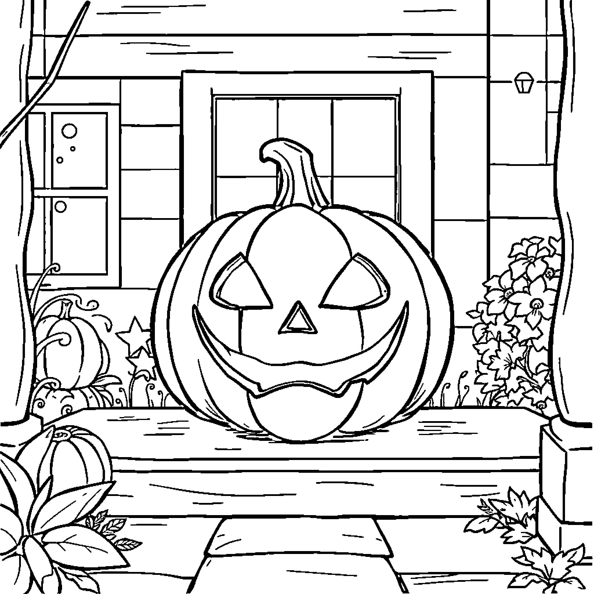Jack-o'-lantern on a porch with autumn decorations Coloring Page (free black-and-white line drawing printable PDF for all, from beginners to advanced learners, including children, teens, adults, and seniors)