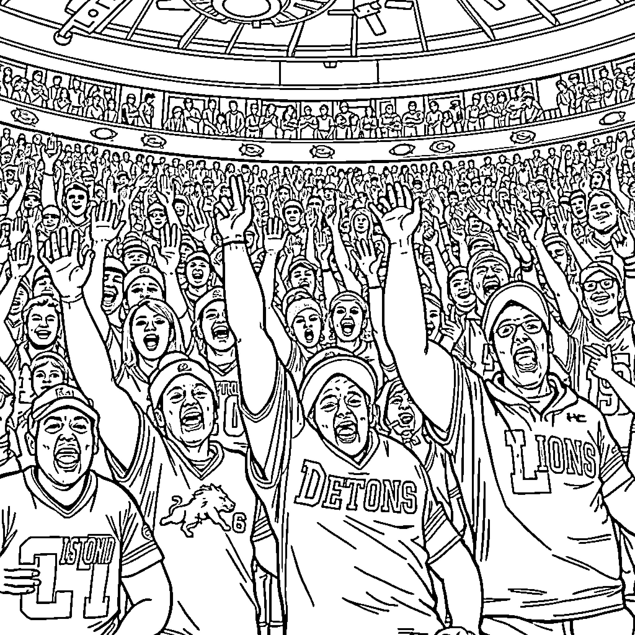House full of energetic sports fans cheering Coloring Page (free black-and-white line drawing printable PDF for all, from beginners to advanced learners, including children, teens, adults, and seniors)