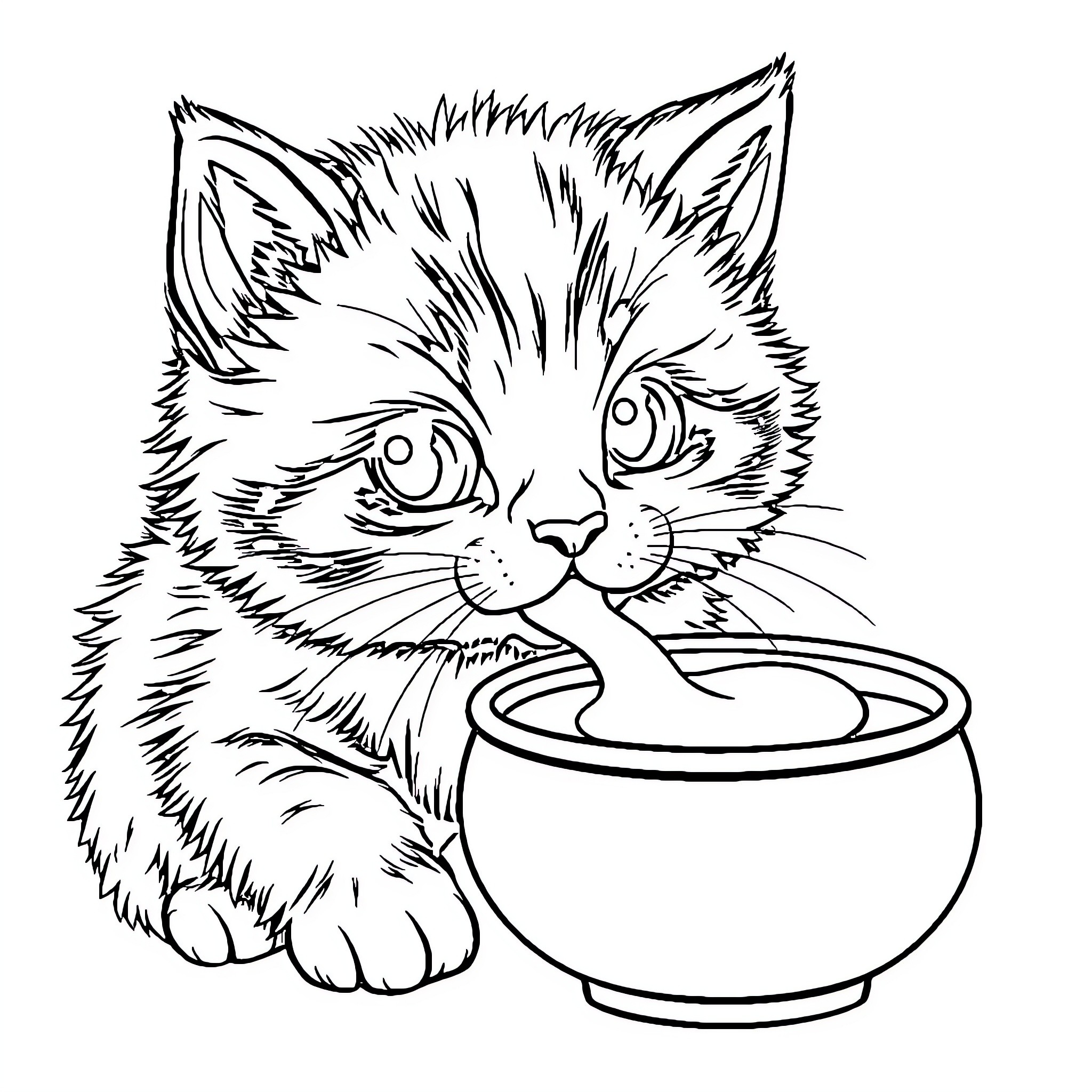 Cat playing with food in a bowl Coloring Page (free black-and-white line drawing printable PDF for all, from beginners to advanced learners, including children, teens, adults, and seniors)
