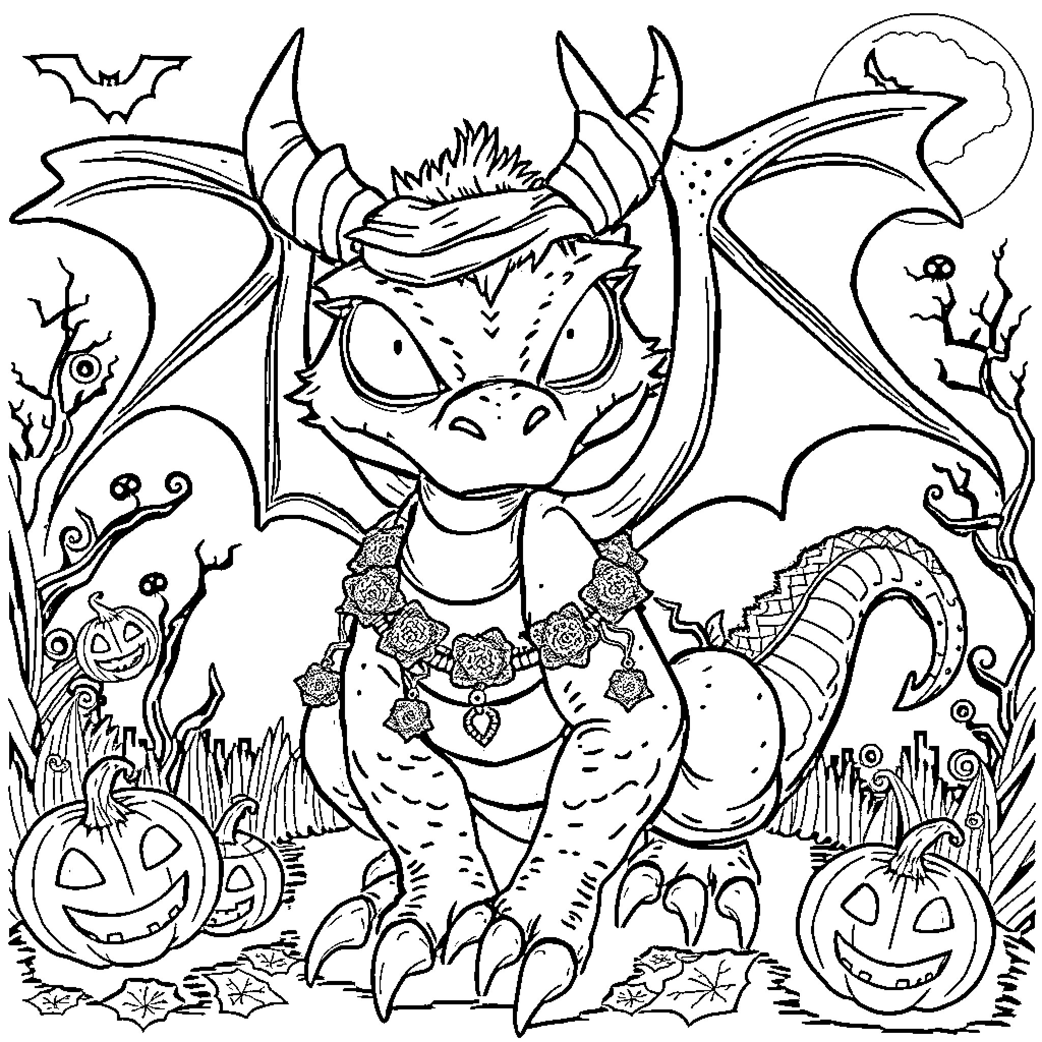 Dragon creature in spooky Halloween scene Coloring Page (free black-and-white line drawing printable PDF for all, from beginners to advanced learners, including children, teens, adults, and seniors)