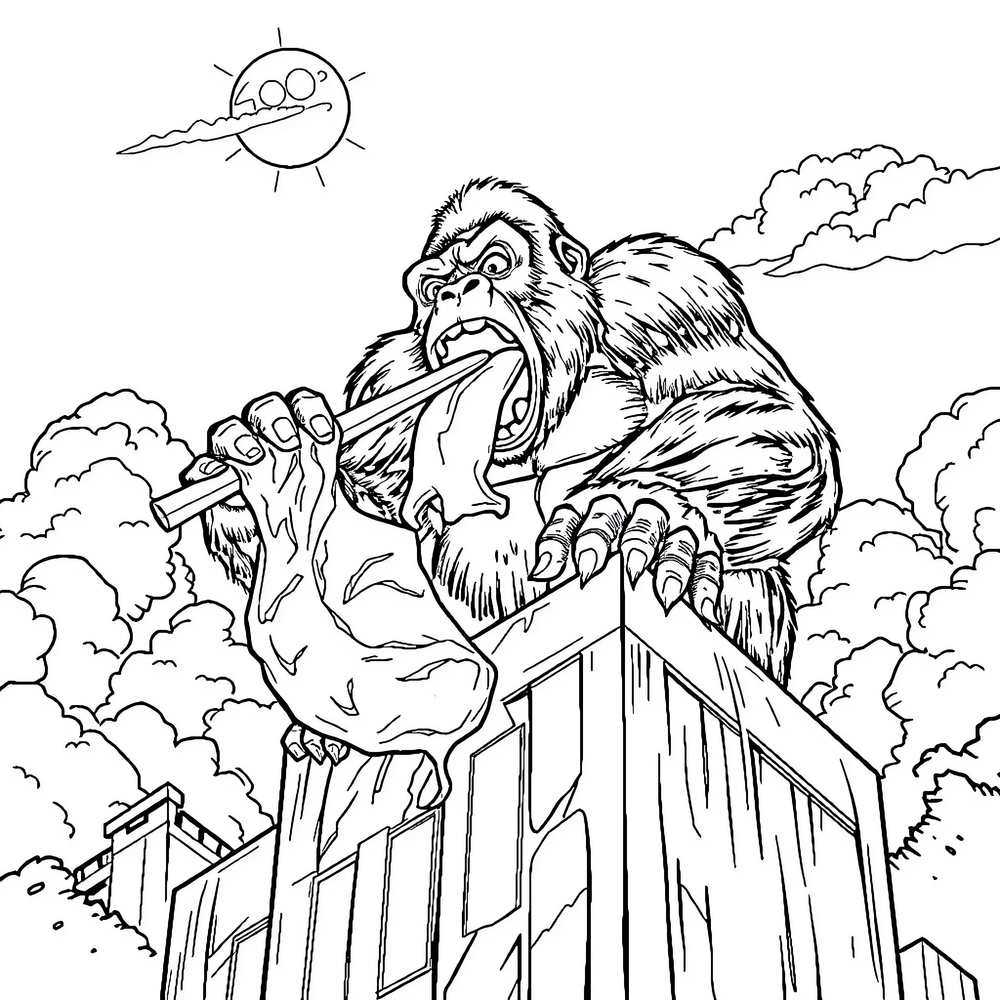 King Kong Roaring Atop a Skyscraper Coloring Page (free black-and-white line drawing printable PDF for all, from beginners to advanced learners, including children, teens, adults, and seniors)