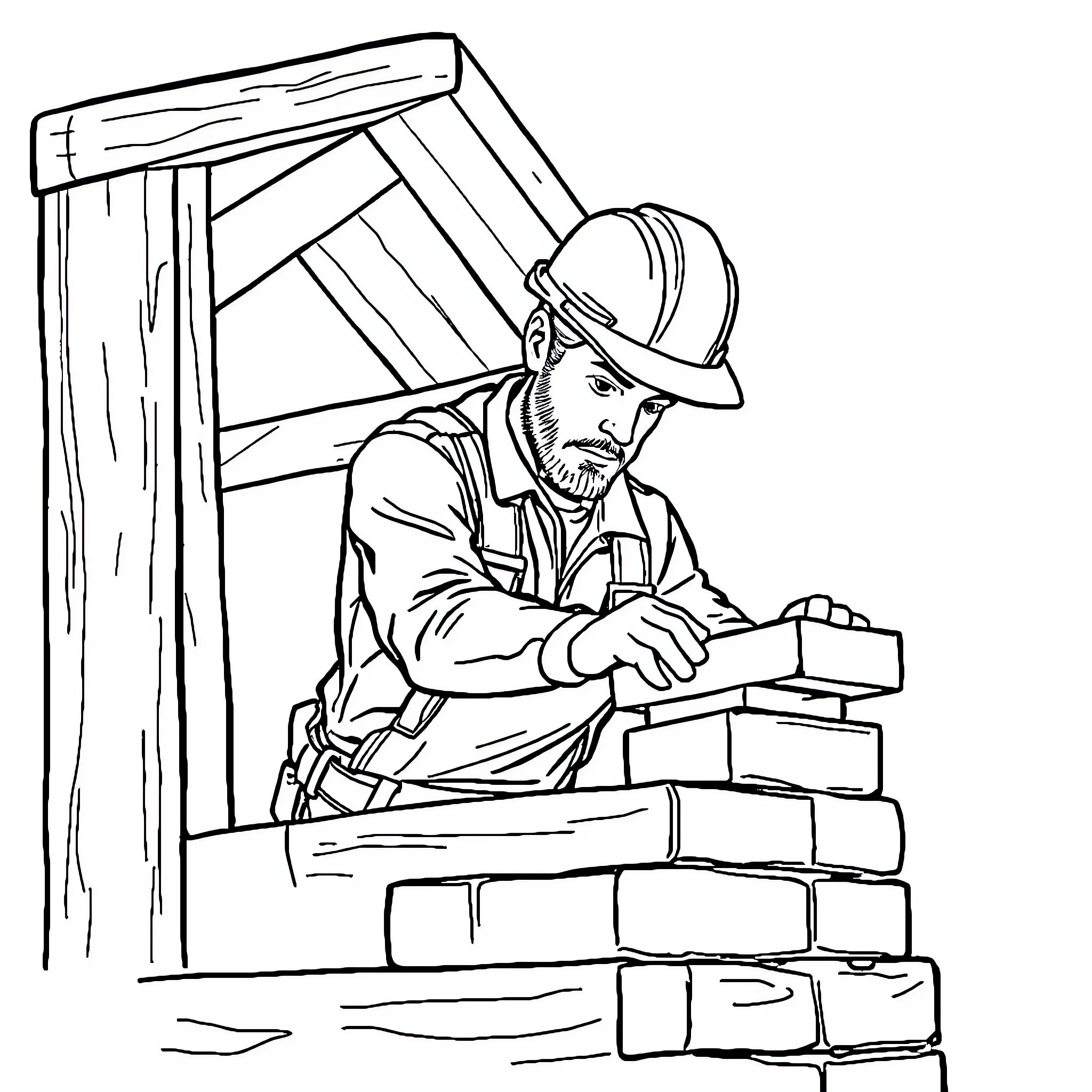 Construction Worker Laying Bricks on Construction Site Coloring Page (free black-and-white line drawing printable PDF for all, from beginners to advanced learners, including children, teens, adults, and seniors)